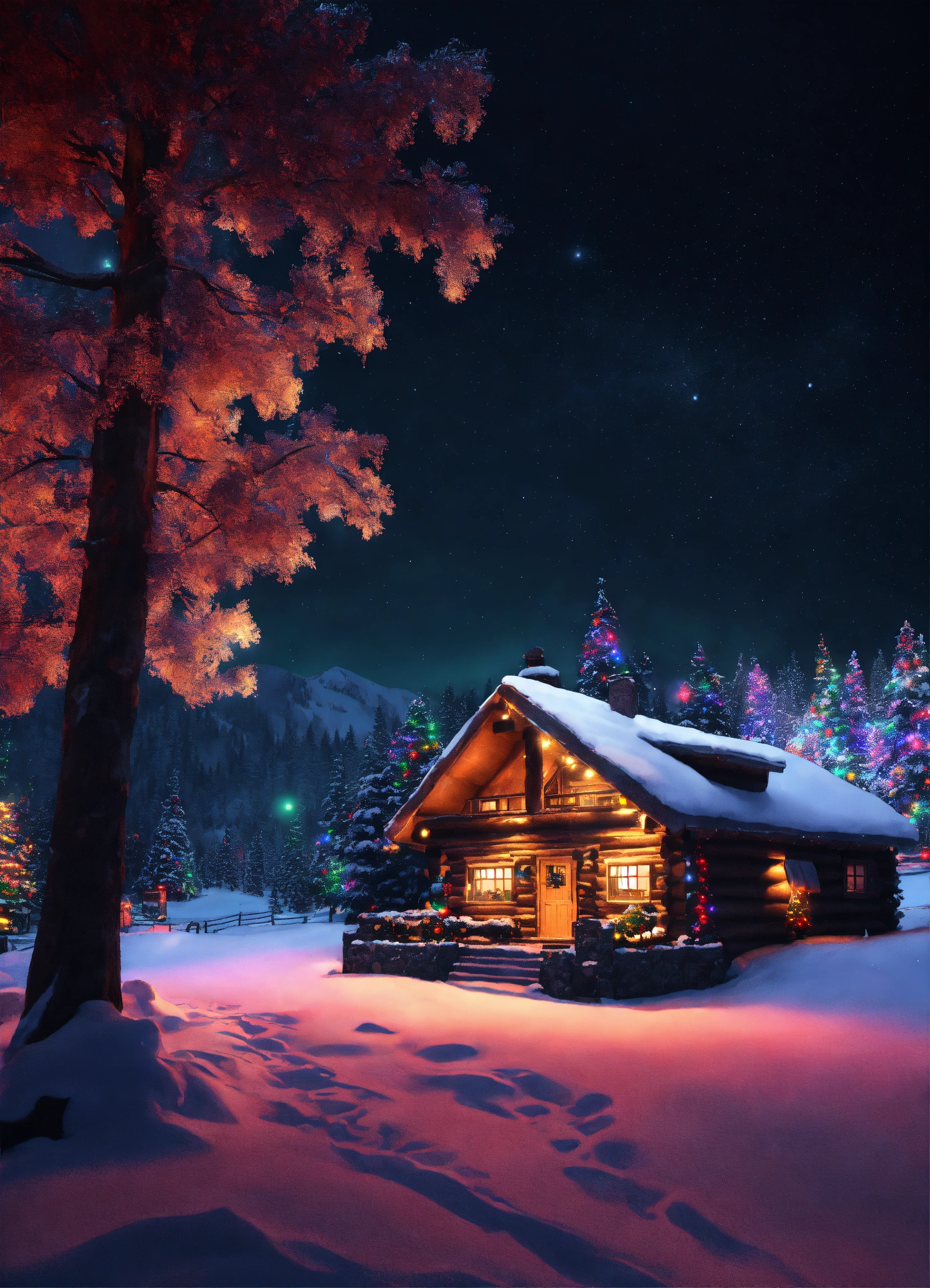 Lexica - Log cabin in the mountains with bright colorful Christmas ...