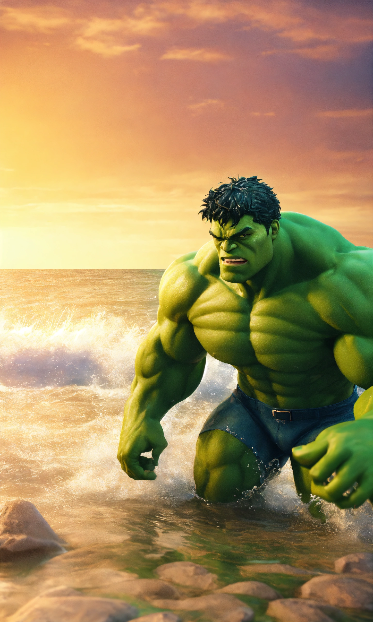 Lexica - Hulk swimming on the seaside full-body, colorful background ...