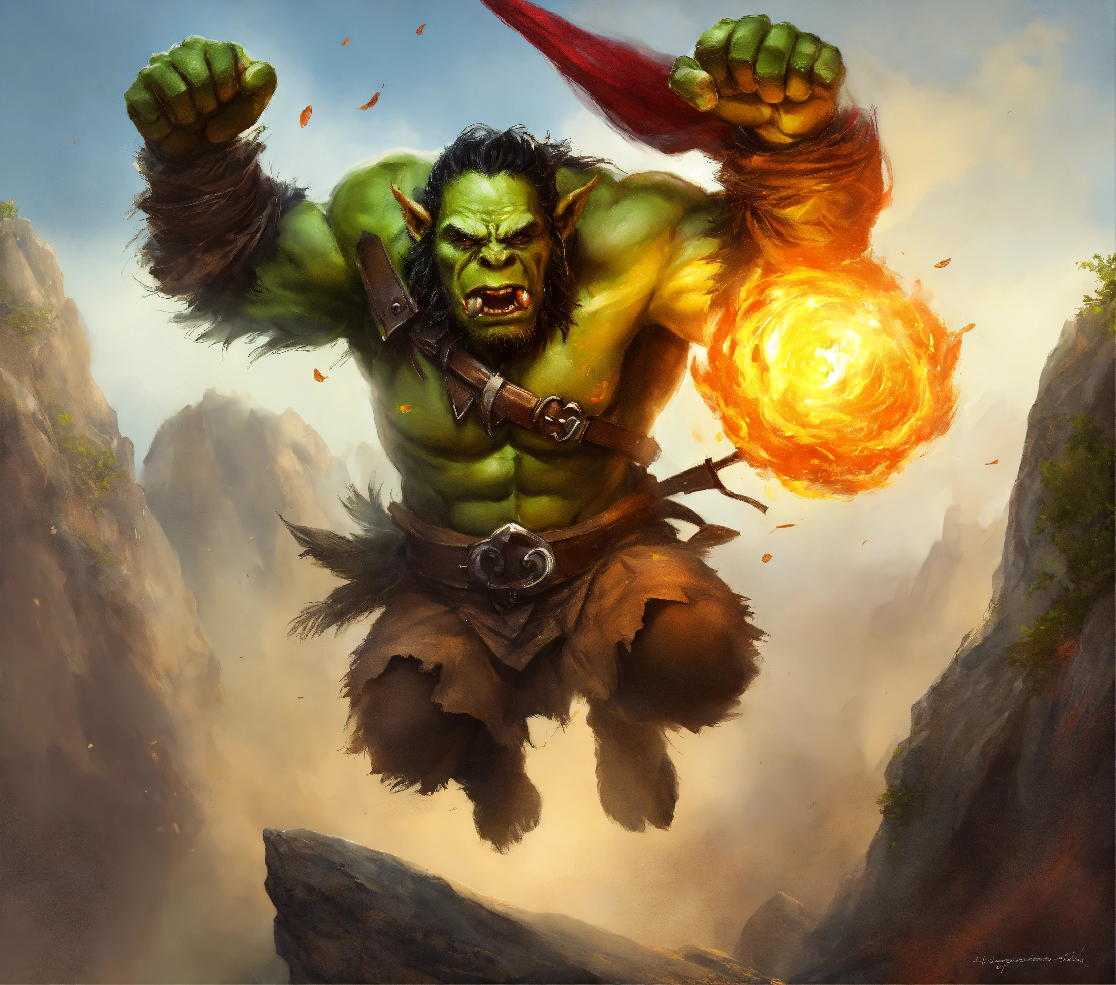 Lexica - Orc propelled high into the air by a rock, digital painting ...