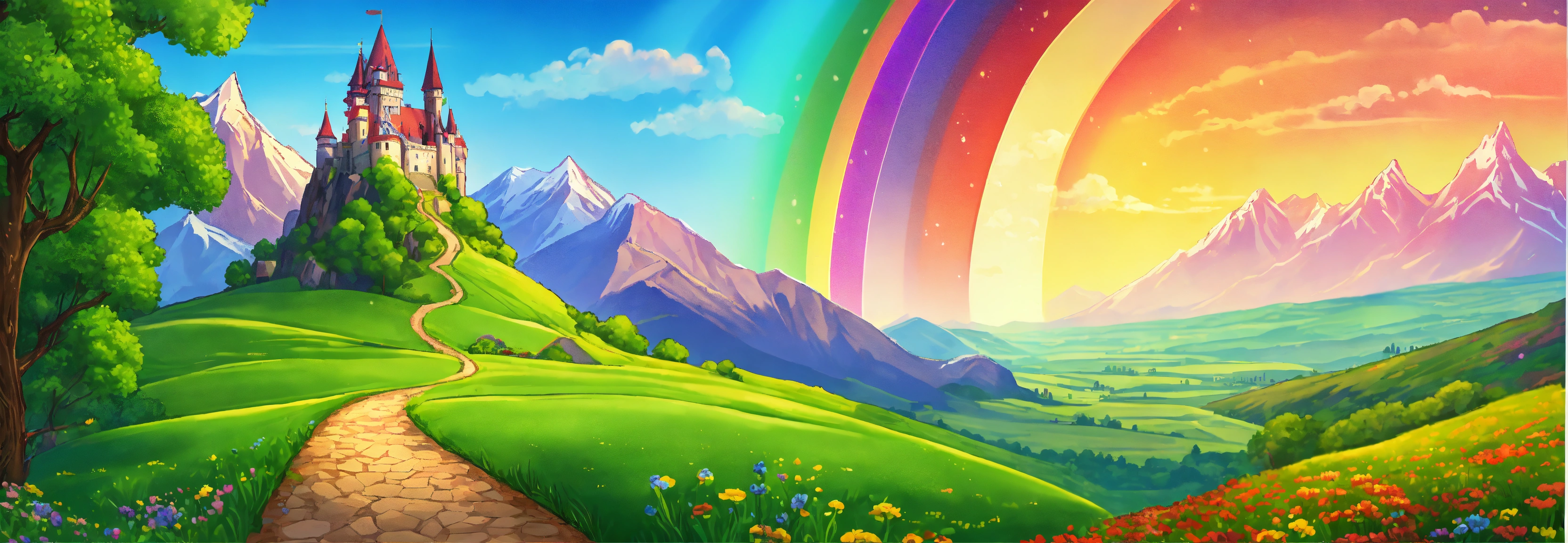 Lexica - Fantasy cartoon landscape with a green field with moutains and ...