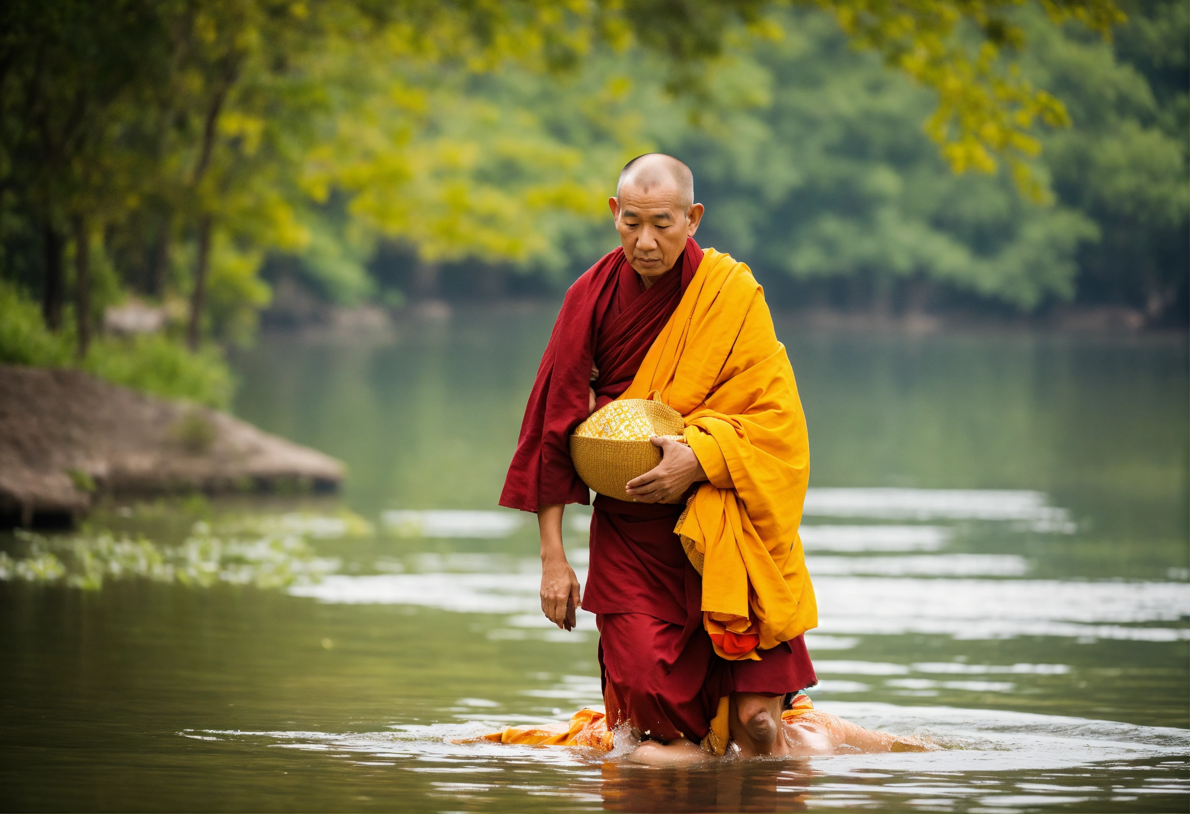 Lexica - Senior monk carrying woman to cross the lake
