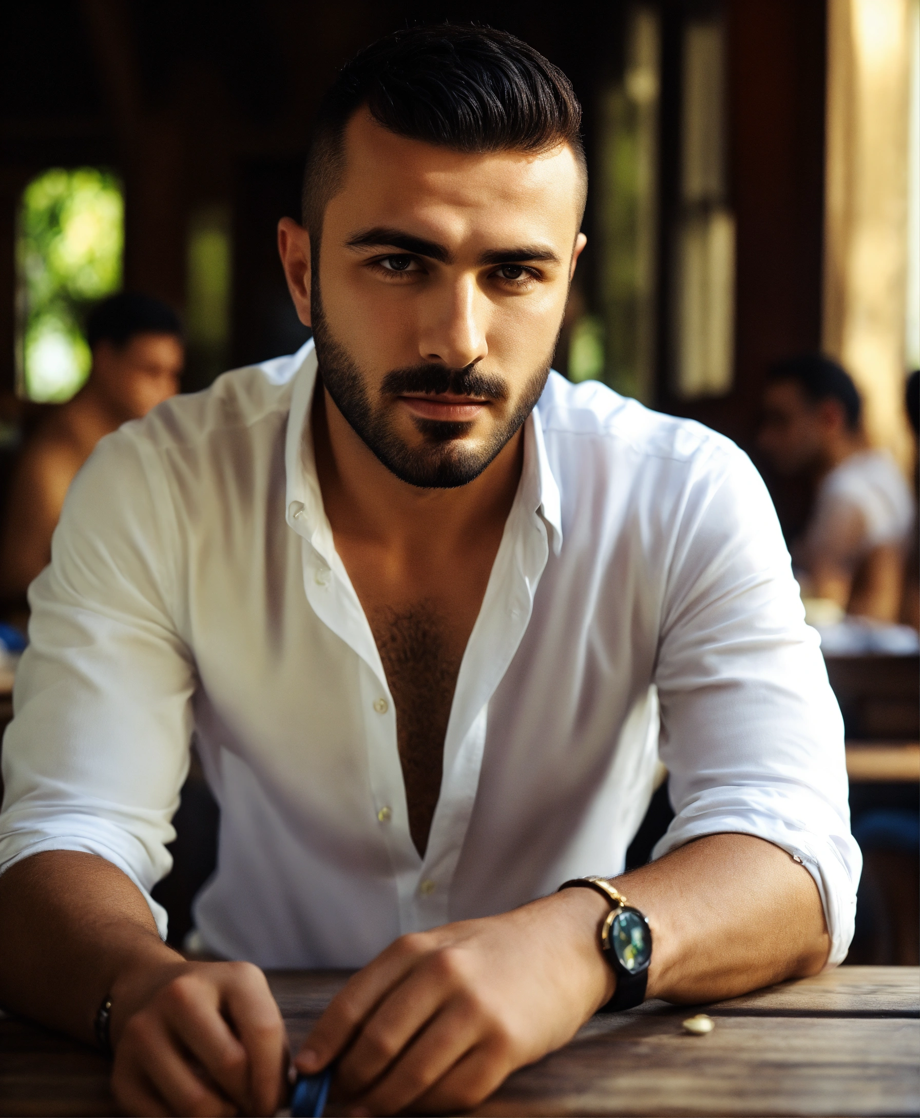 Lexica - Turkish guy white shirt sitting on table shaved