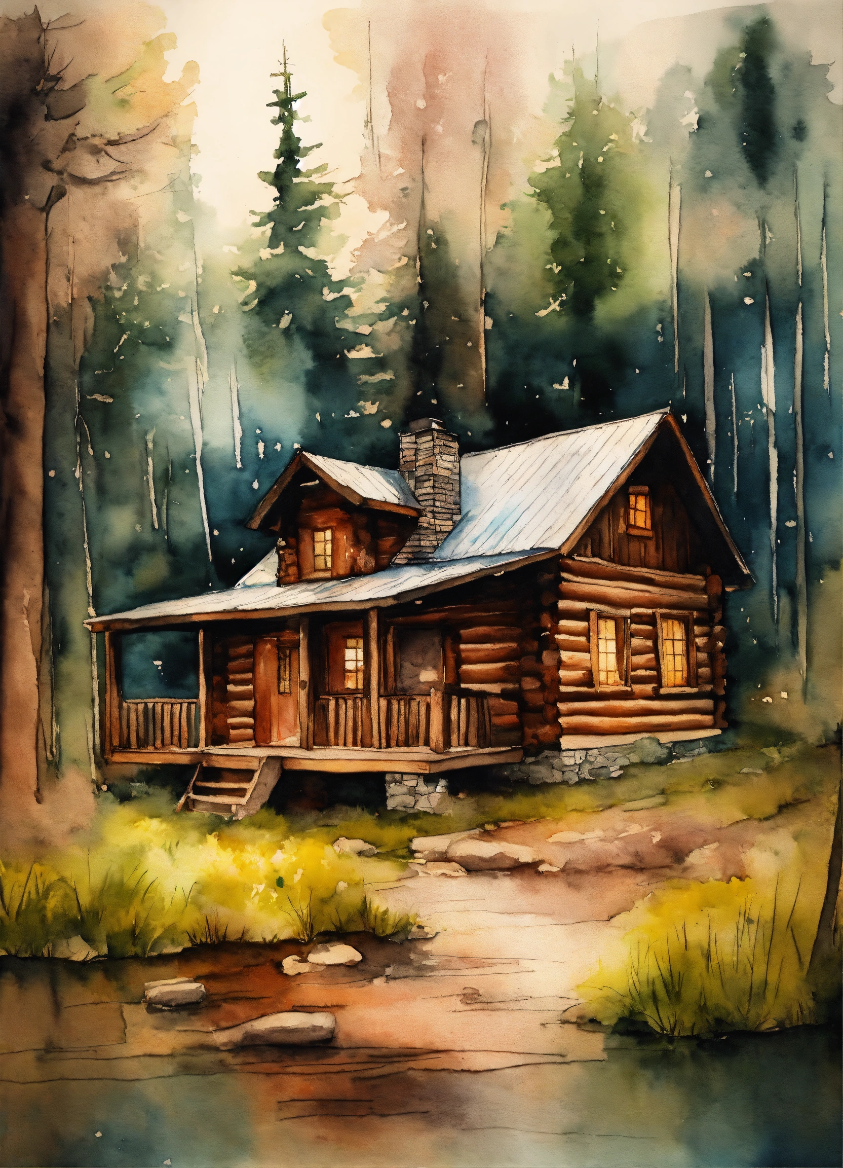 Lexica - Tattoo of a log cabin in watercolor style