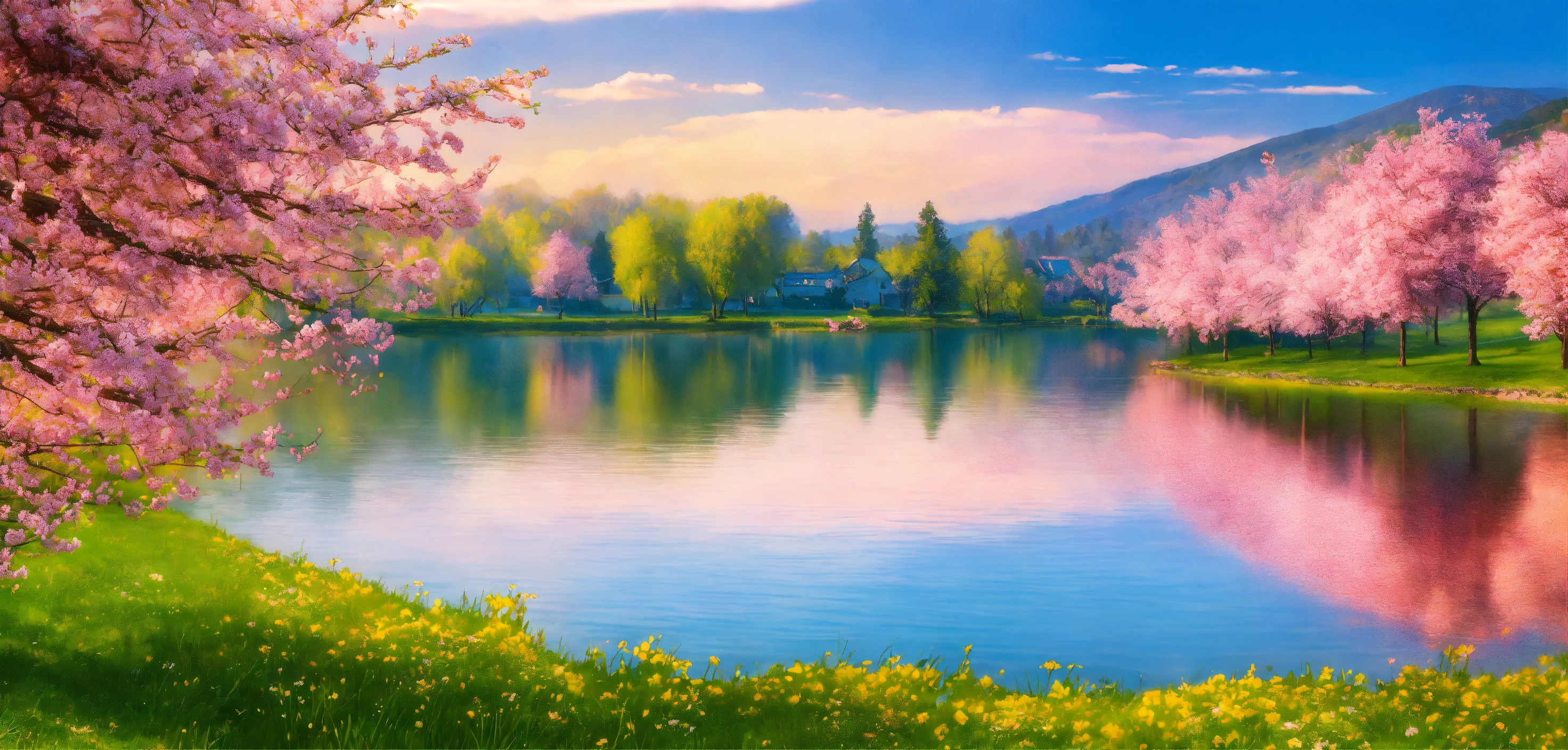 Lexica - A serene and majestic spring landscape with blossoming trees ...