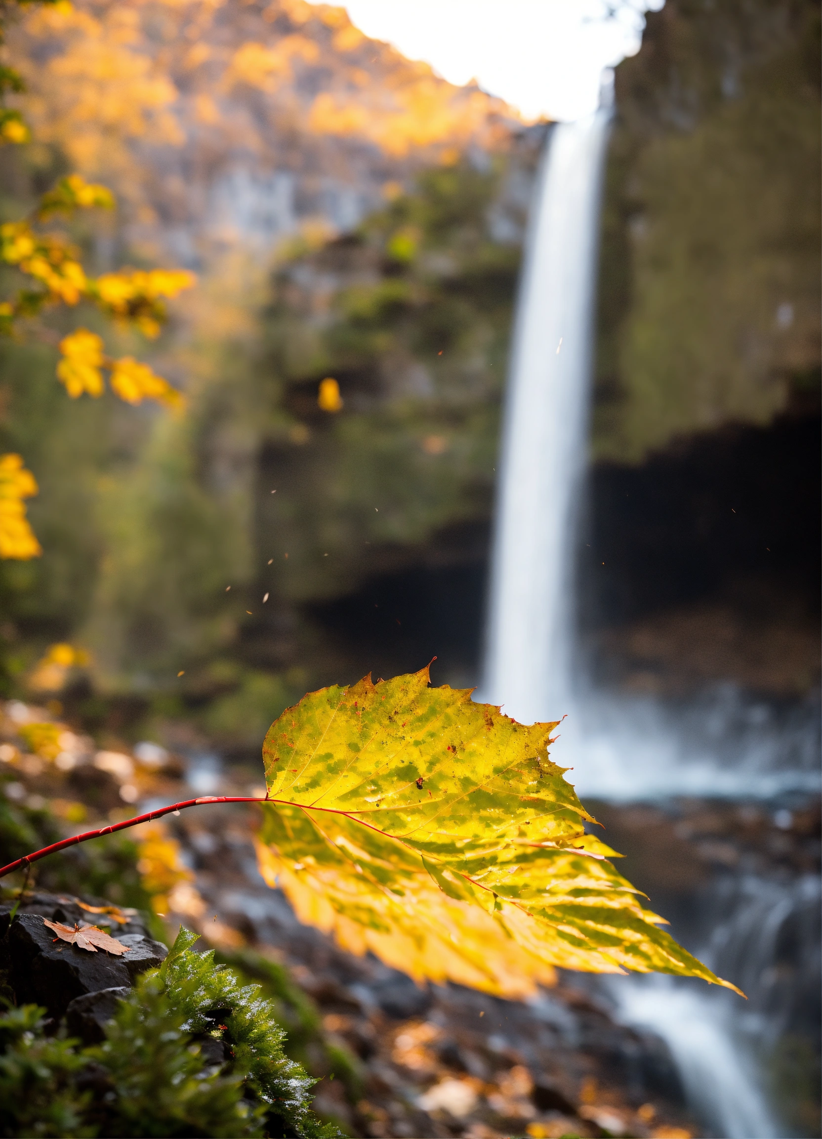 Lexica - Leaf blowing in the wind, waterfall in background