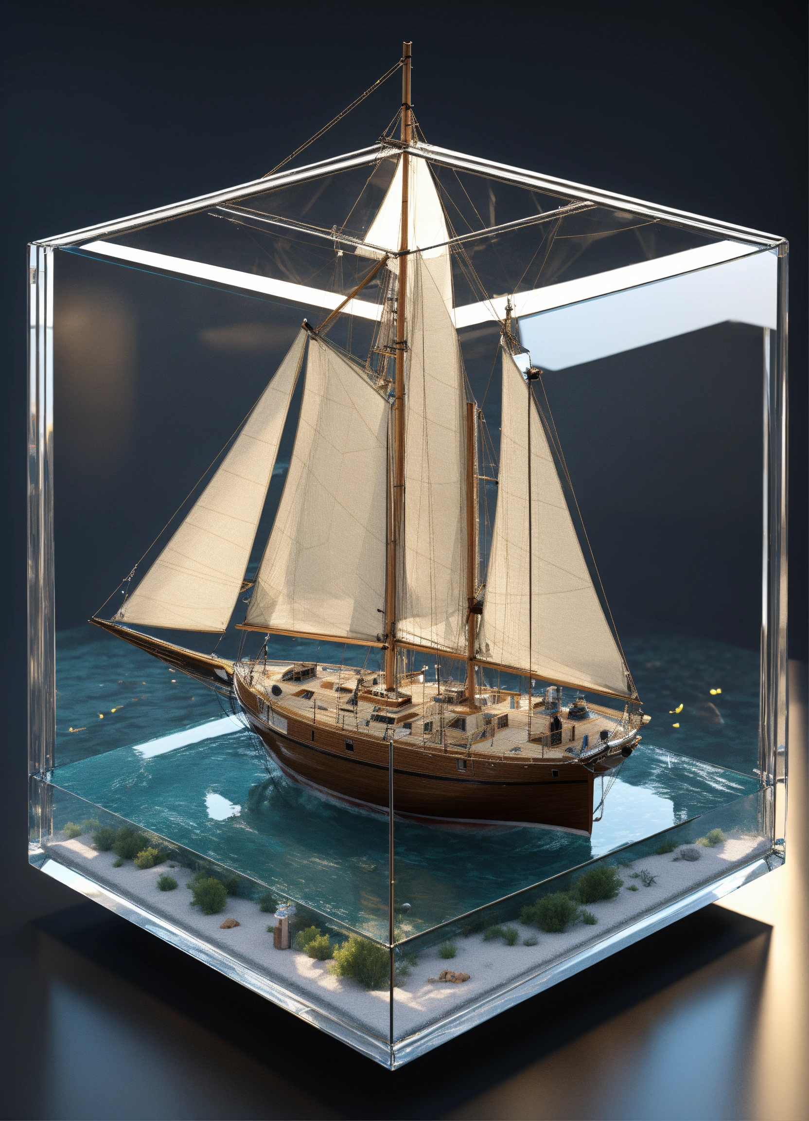 Lexica - Sailboat comoletely contained within a transparent glass cube ...