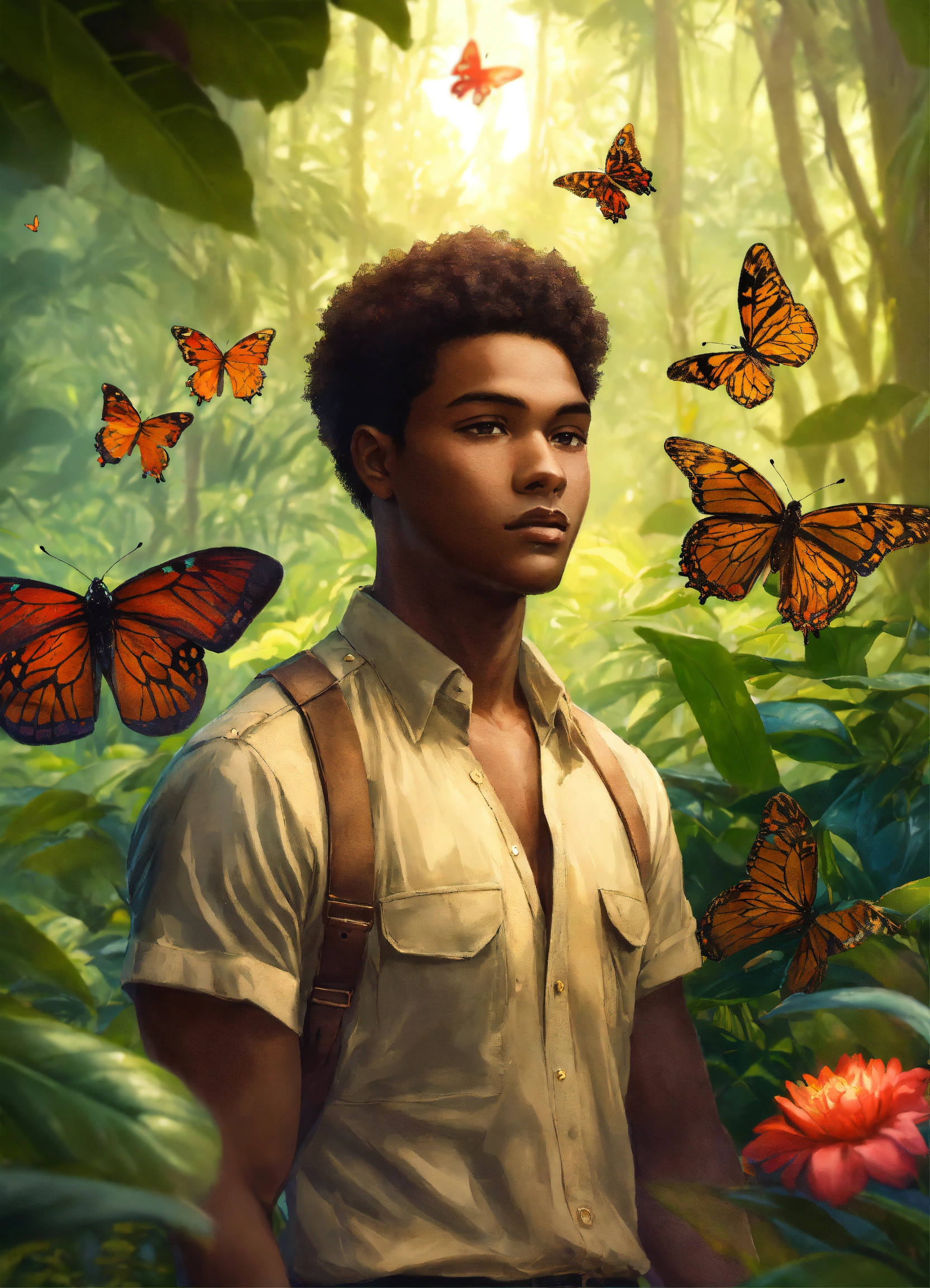 Lexica - Young cute man, AI, Melanesian, in a forest, surrounded by ...