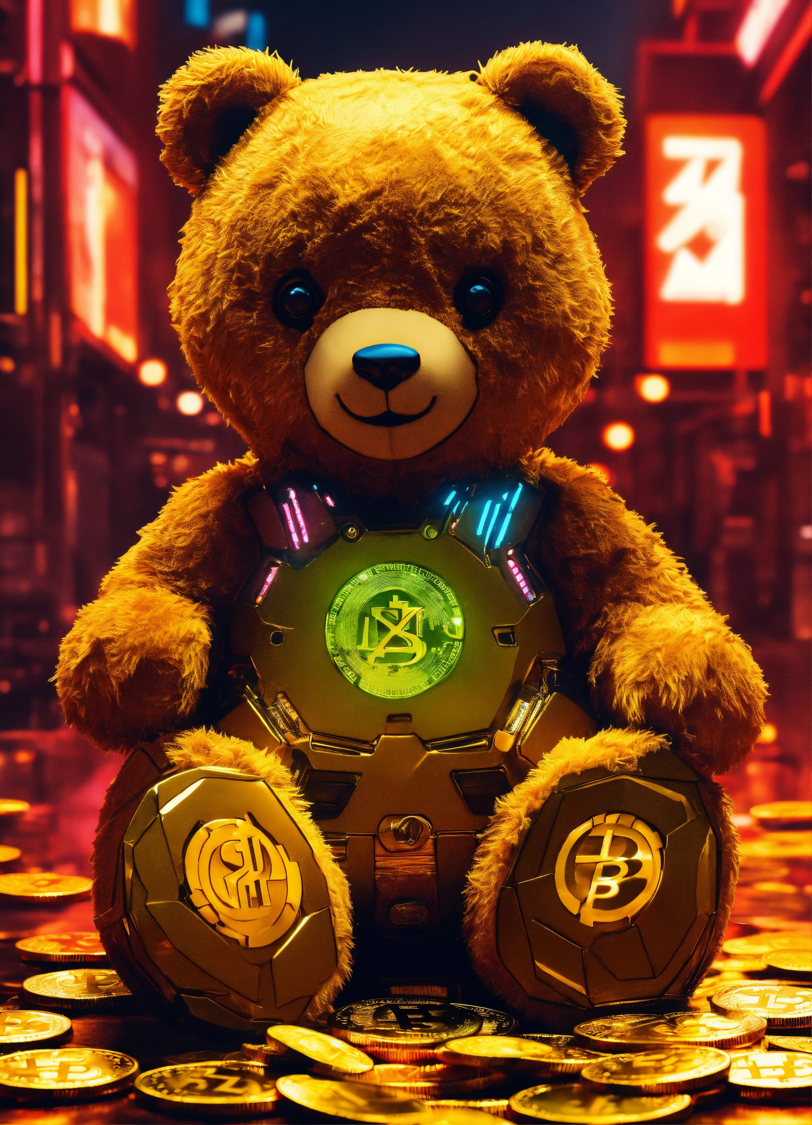 Lexica - Cyberpunk advertising poster of teddy bear , surrounded by ...