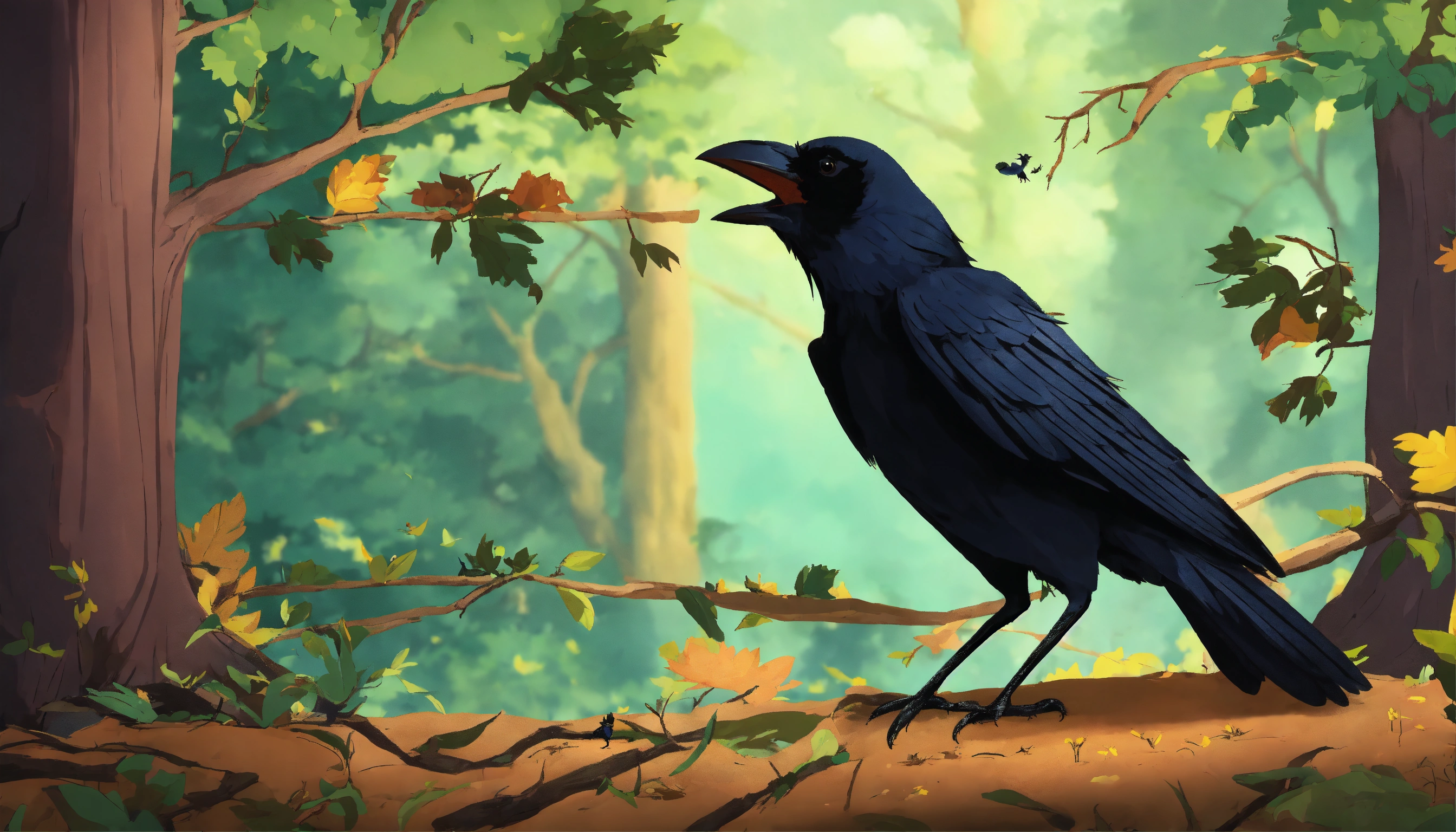 lexica-a-bunch-of-crows-are-cawing-on-a-tree-in-the-forest-cartoon