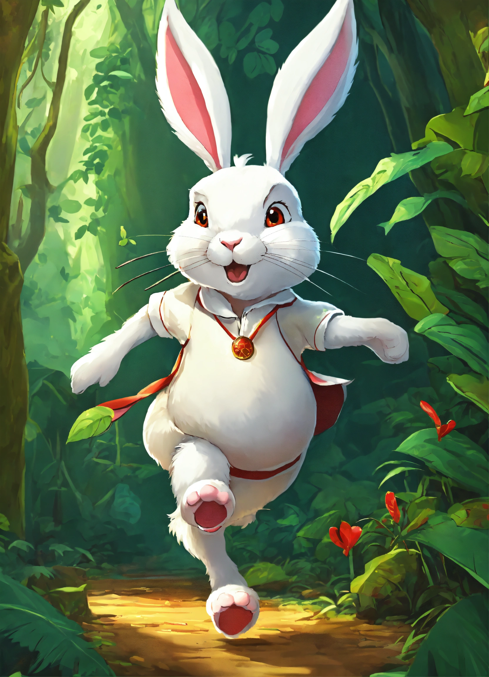 Lexica - Let cartoon big white rabbit run on two legs in jungle
