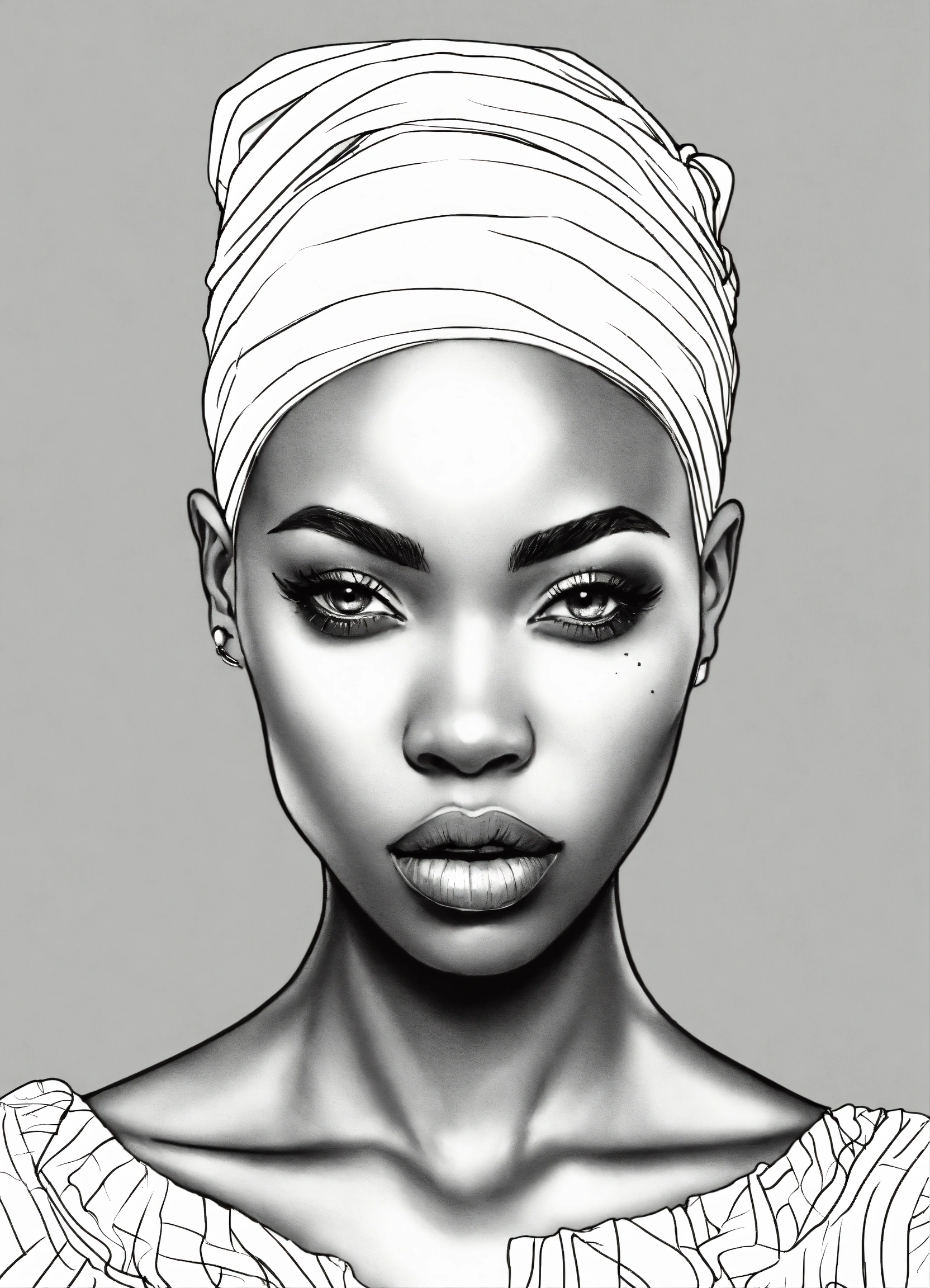 Lexica - Black and white line drawing, white background, upper body ...