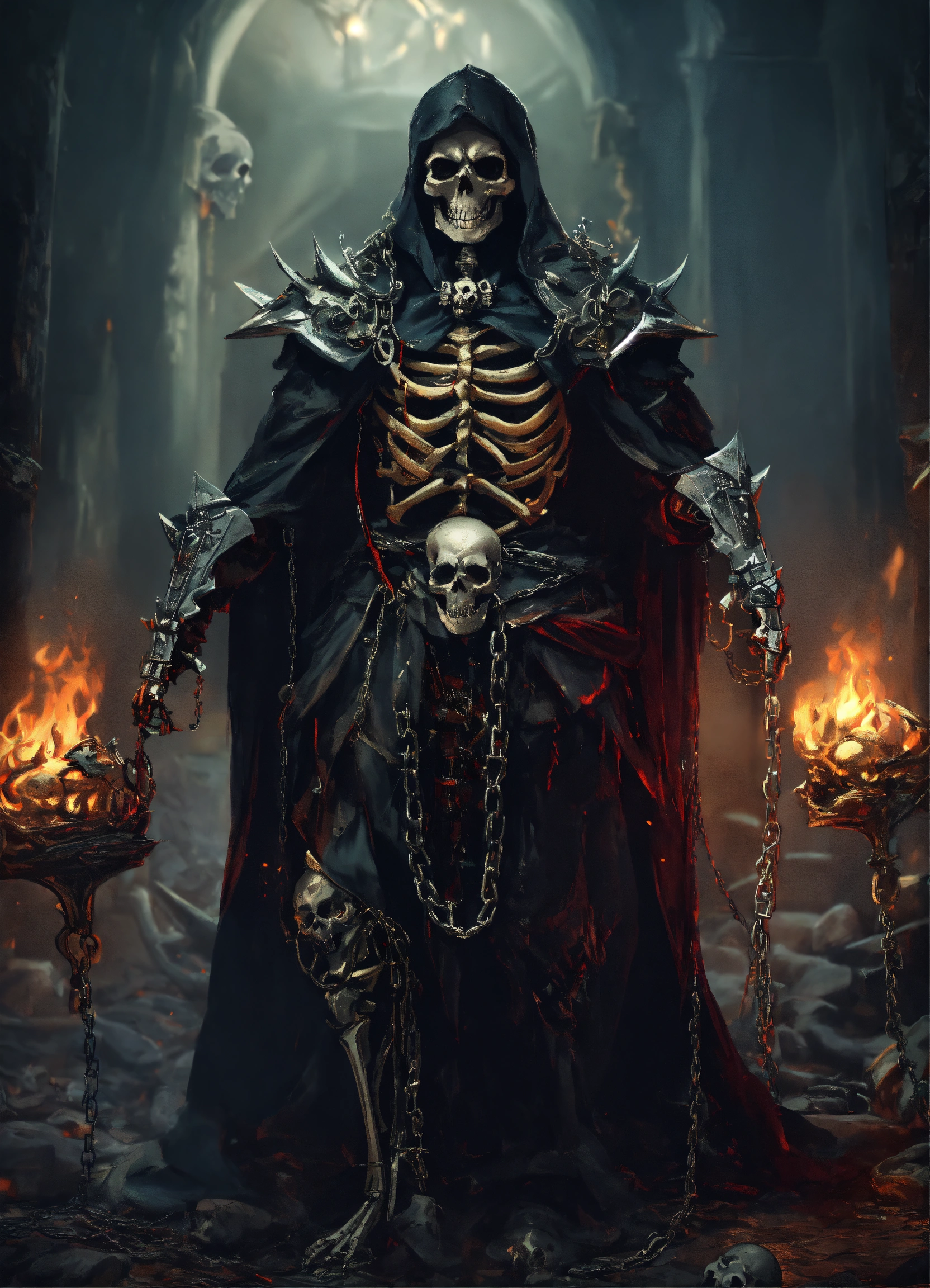 Lexica - A skeletal warrior, skeleton, dressed in chains, dark colors ...