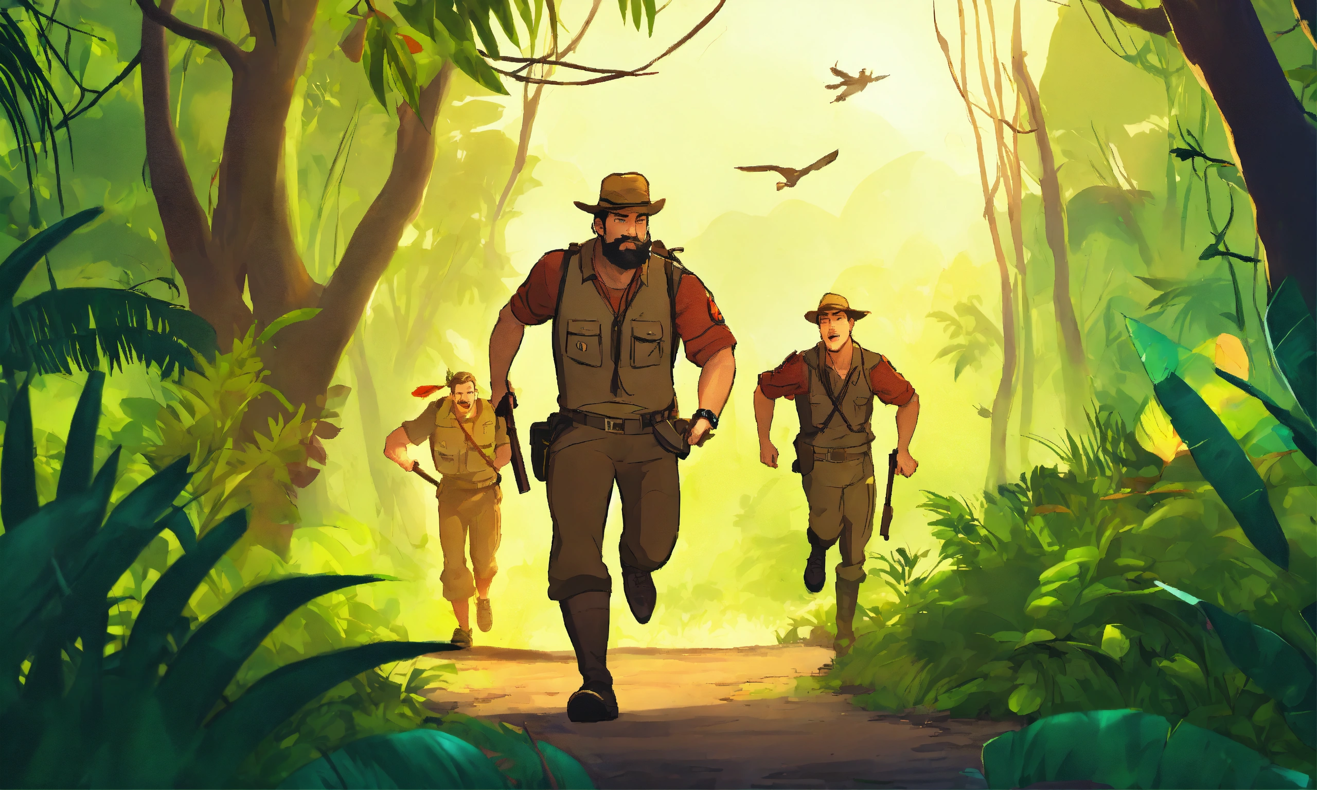 Lexica - Cartoon men hunters are running in jungle
