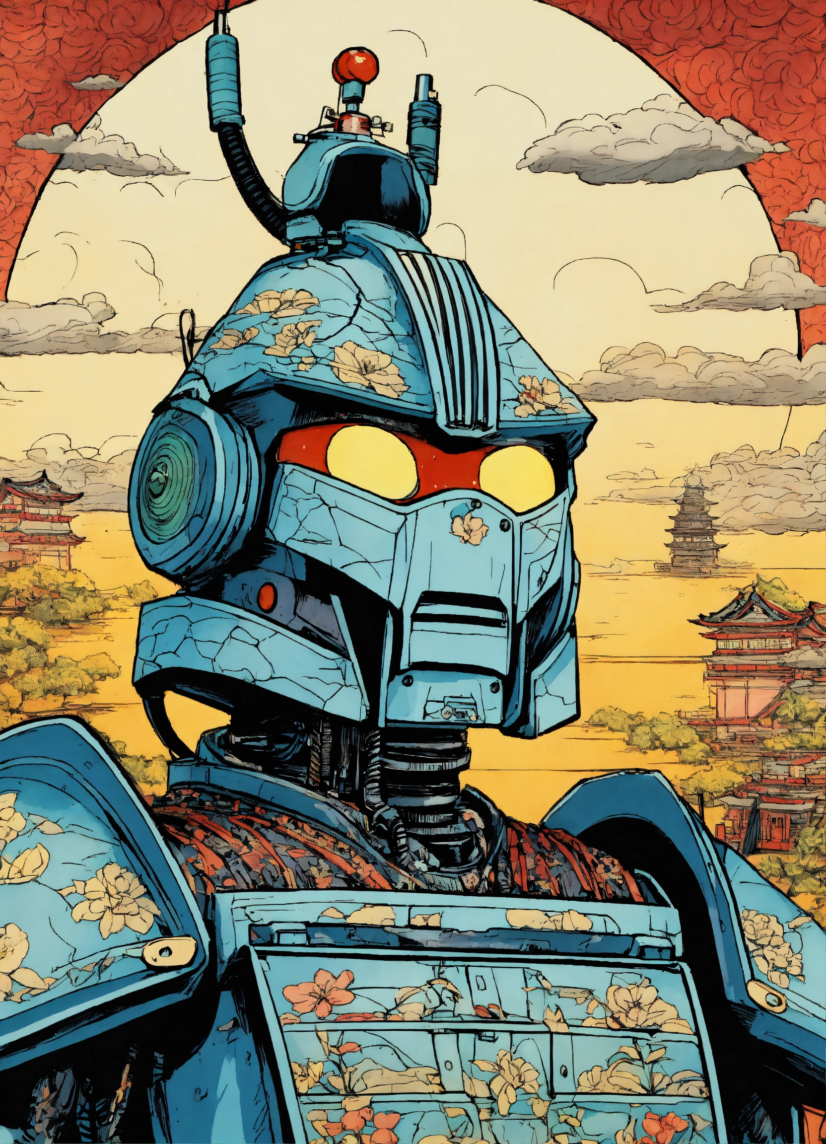 Lexica - Detailed pen and ink illustration of a samurai robot, head ...