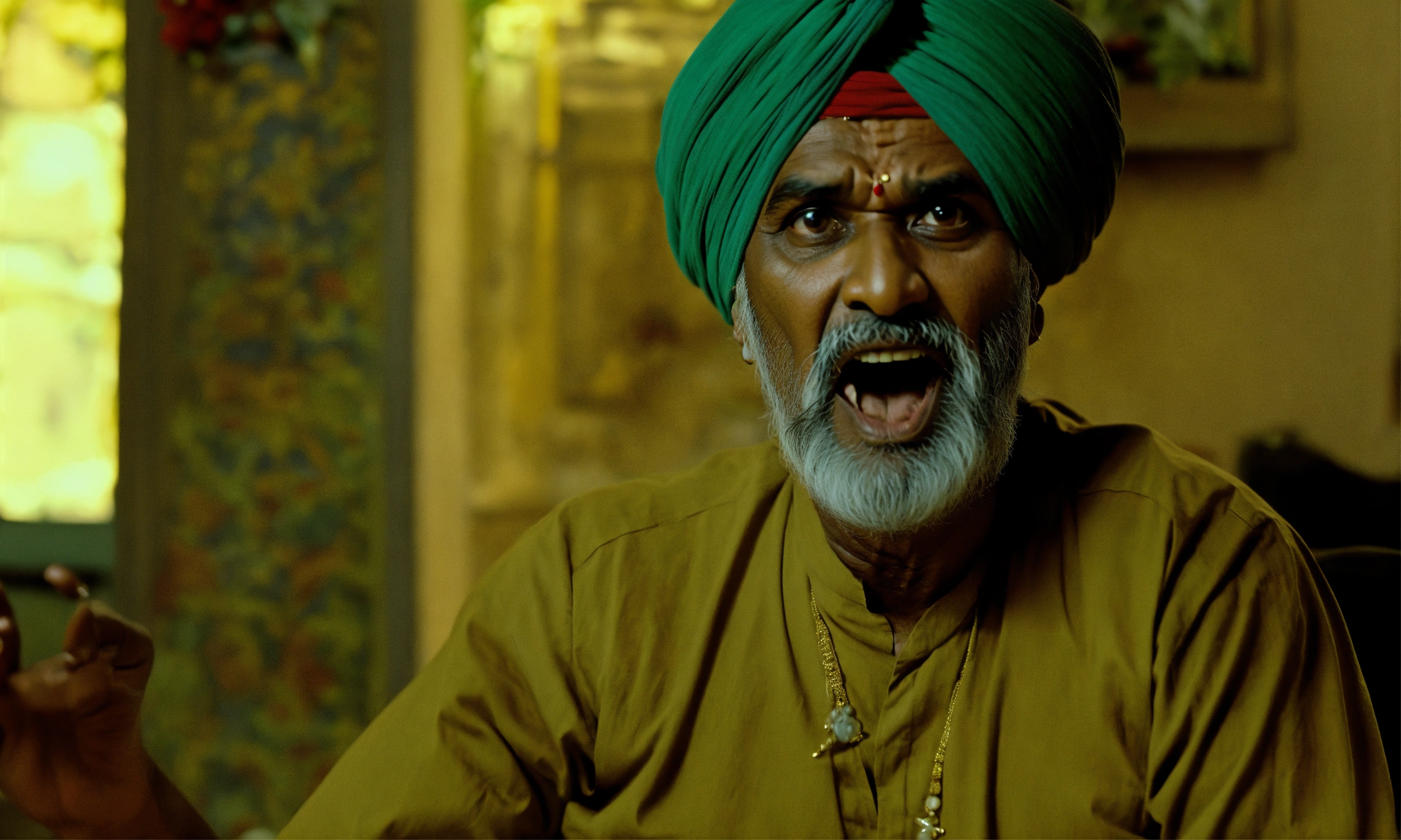 Lexica - A 60 year old indian man wearing turban, yelling. Super realistic.