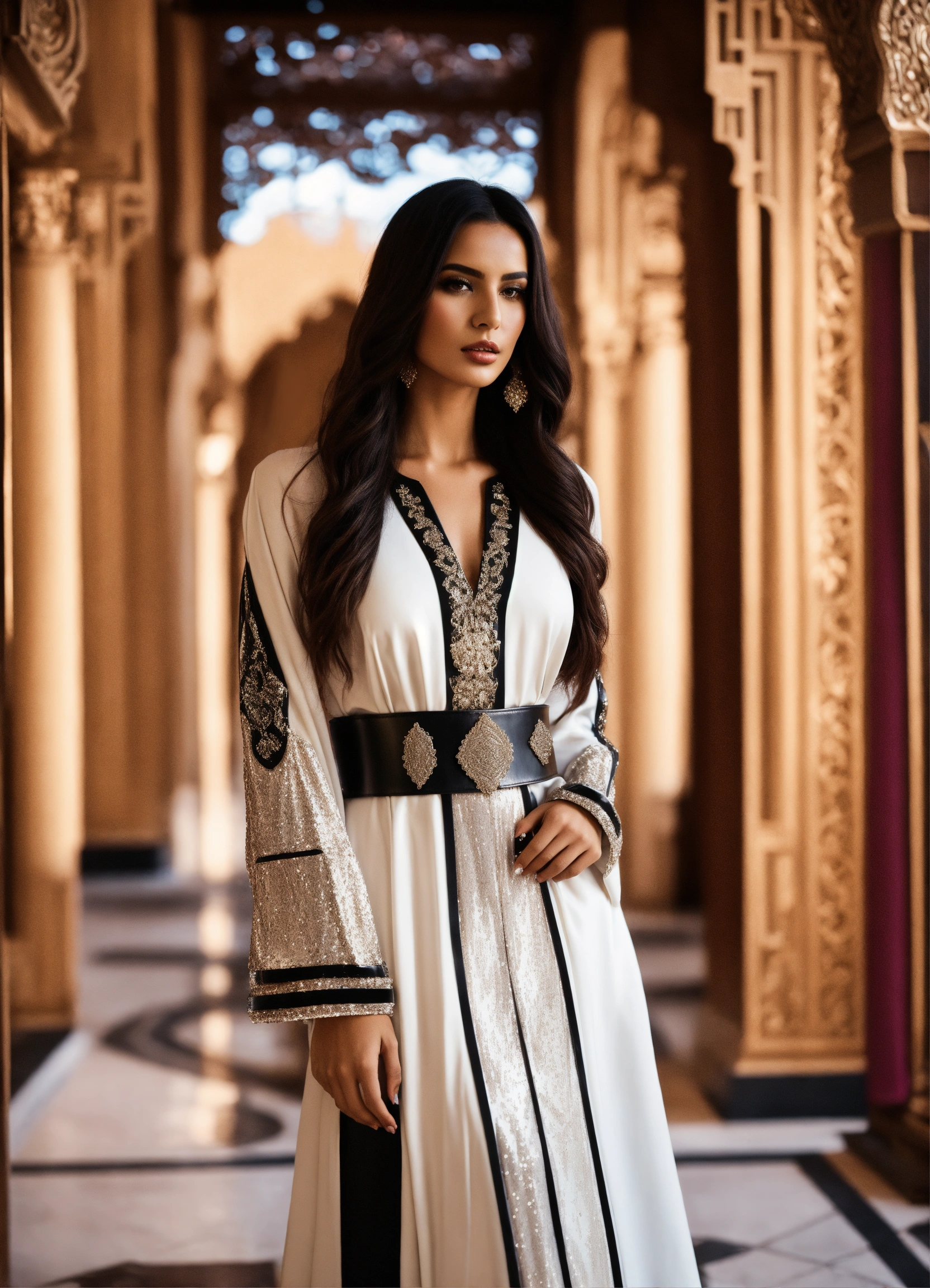 Lexica - Beautiful Arab women model, wearing luxury dress caftan white ...