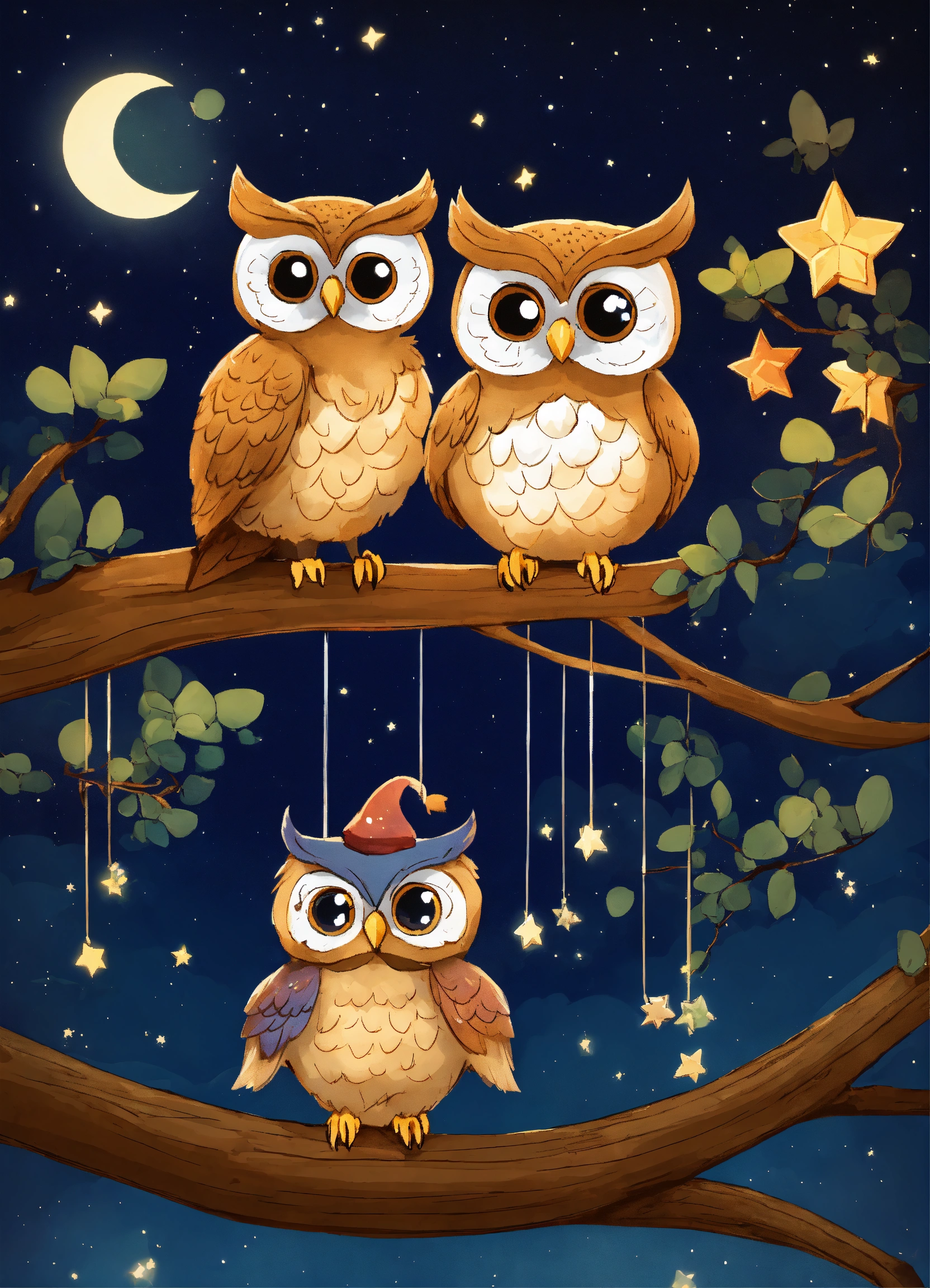 Lexica - Cartoon two owls sitting on a tree branch, one owl has a bow ...