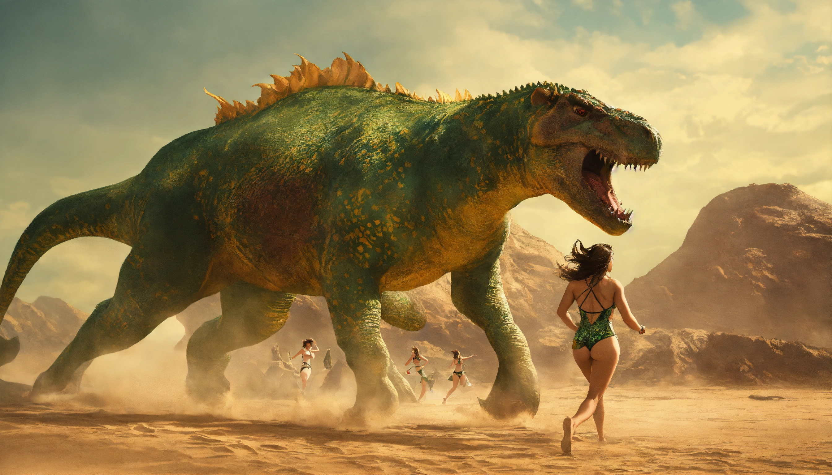 Lexica - A female in prehistoric monokini, runs from monster