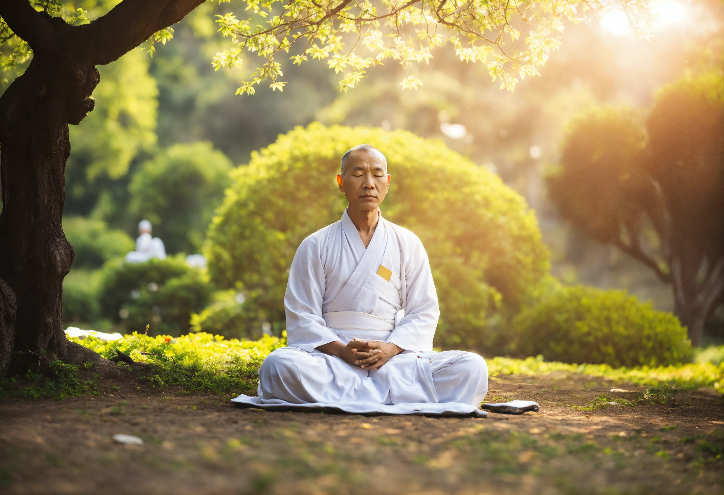 Lexica - Wise monk wearing white clothes sitting in meditation under a ...