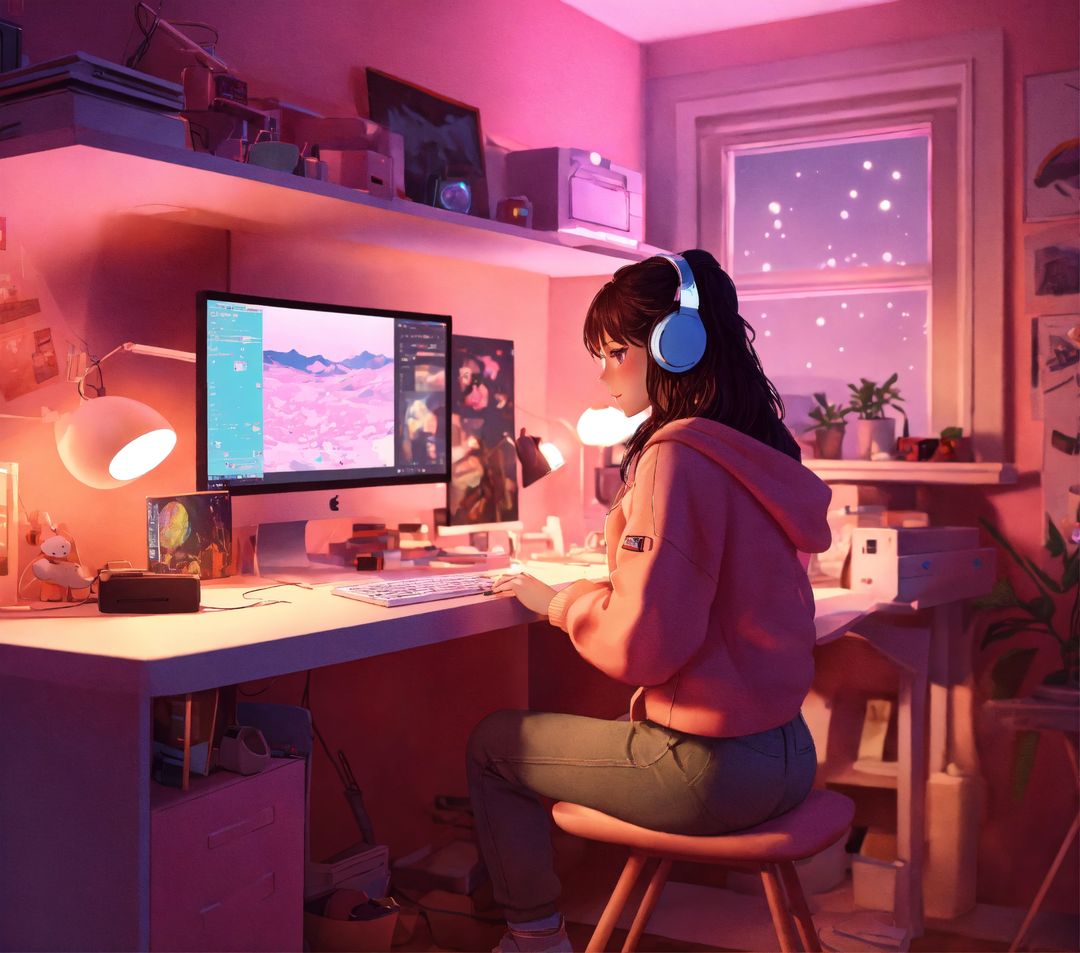 Lexica - Cute lofi girl in front of his computer in her cozy and messy ...