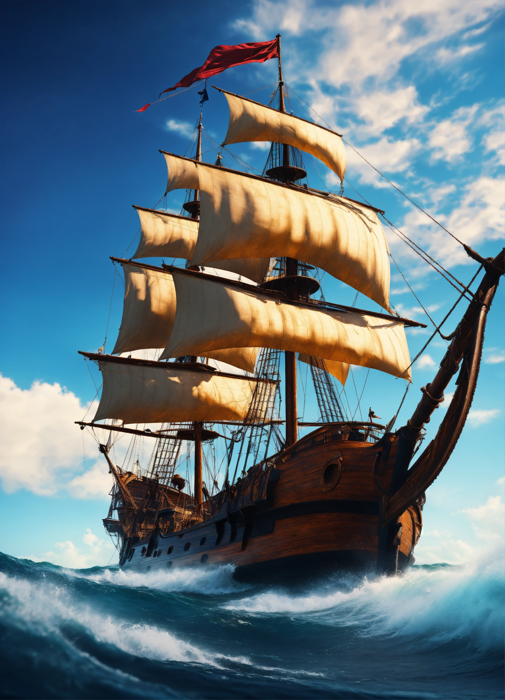 Lexica - Pirate ship damaged sails sailing forward in the waves of a ...