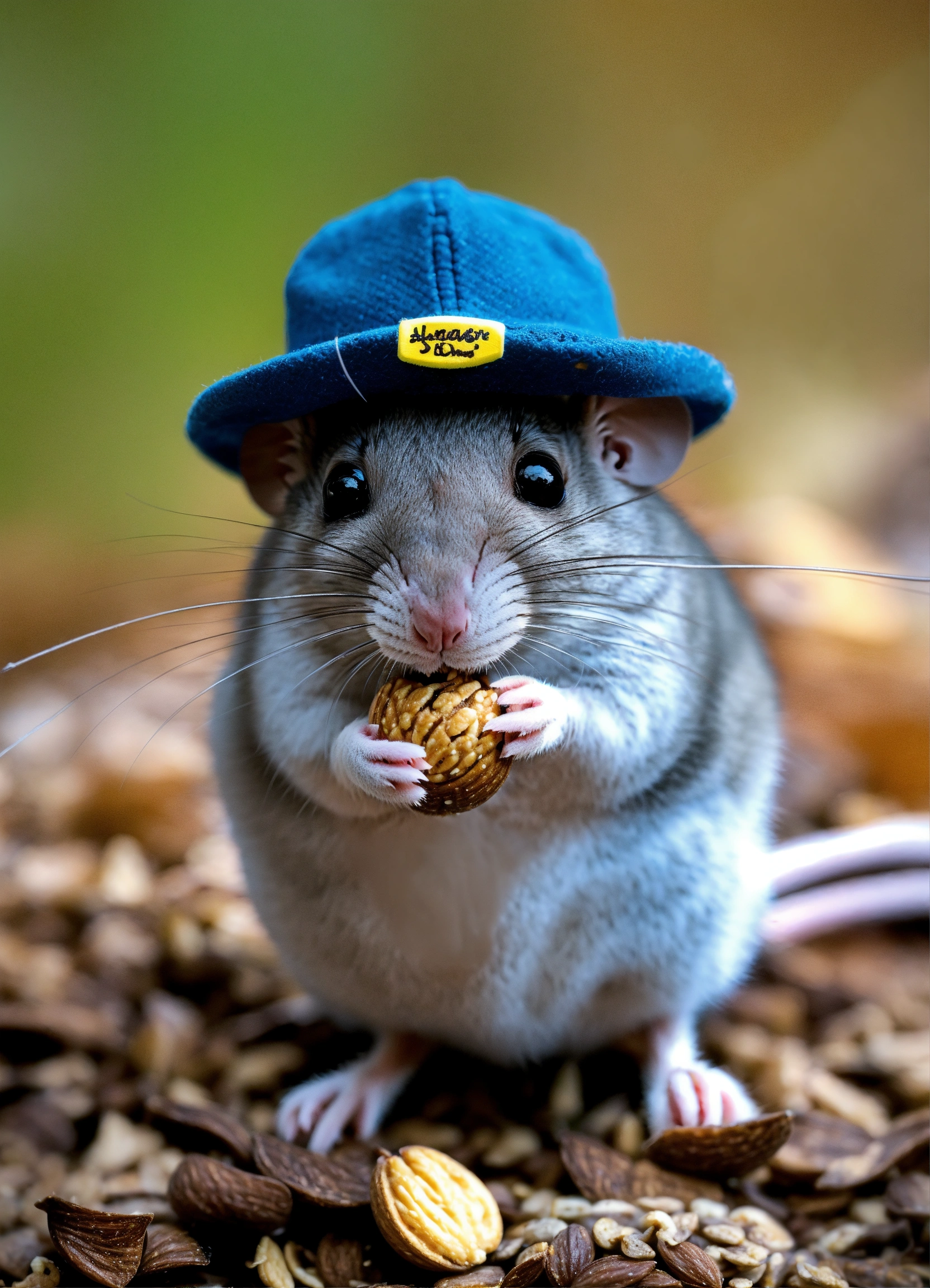 Lexica - Grey mouse eating a nut, wearing a cool hat