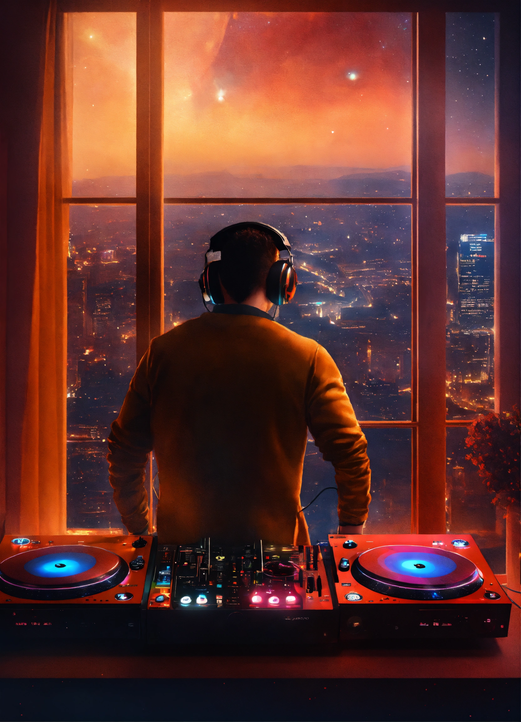 Lexica - DJ at party with a window at his back with Mars View 4K realistic