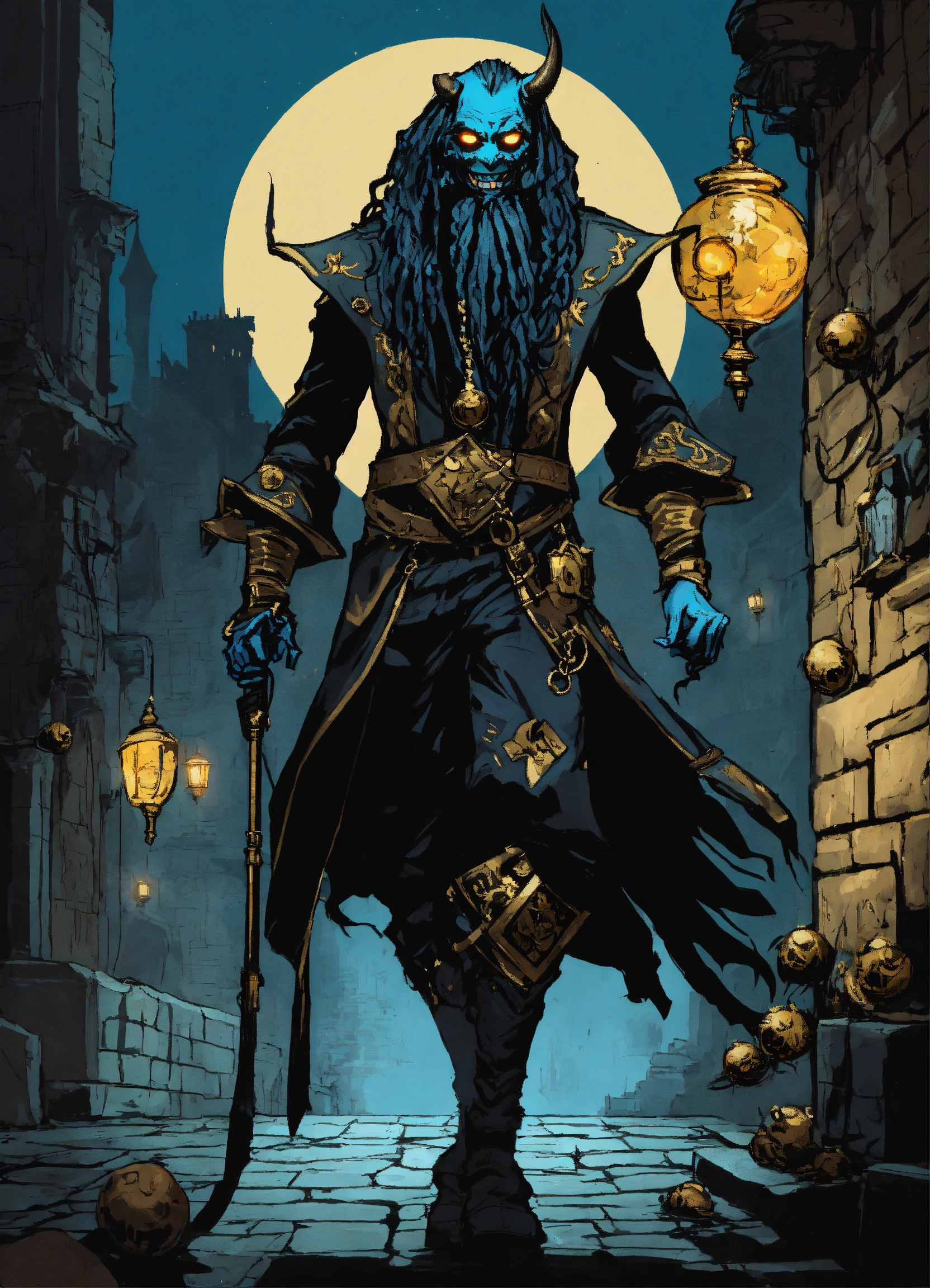 Lexica - A well dressed demon, followed by hundreads of floating blue ...