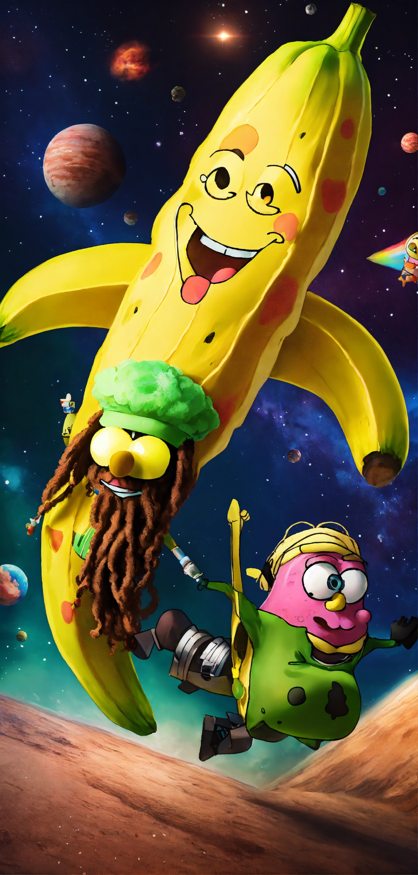 Lexica - Rasta SpongeBob and Patrick with dreadlocks riding a banana ...