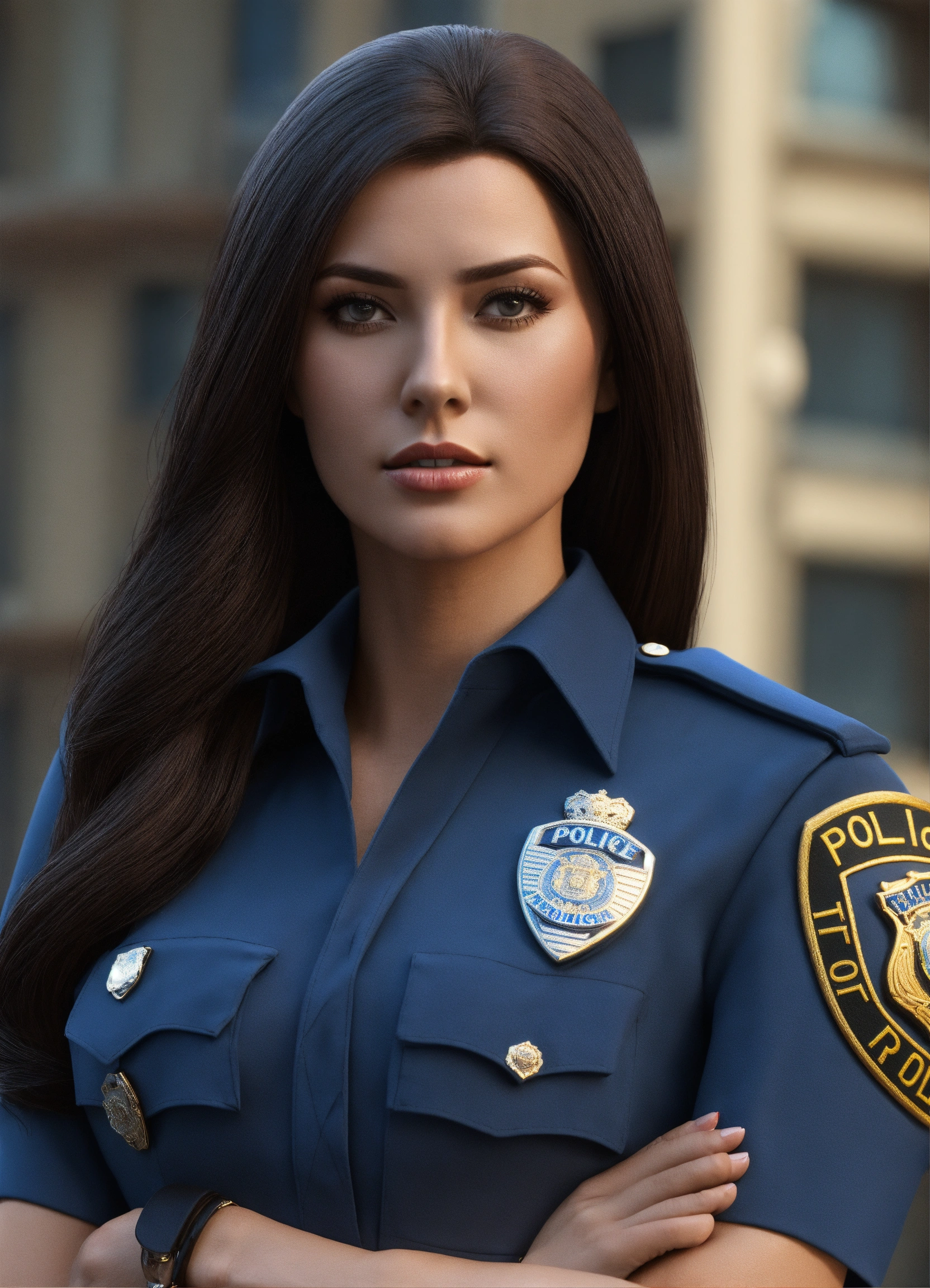 Lexica - Rosanna fra long straight dark hair police woman blue dress ...