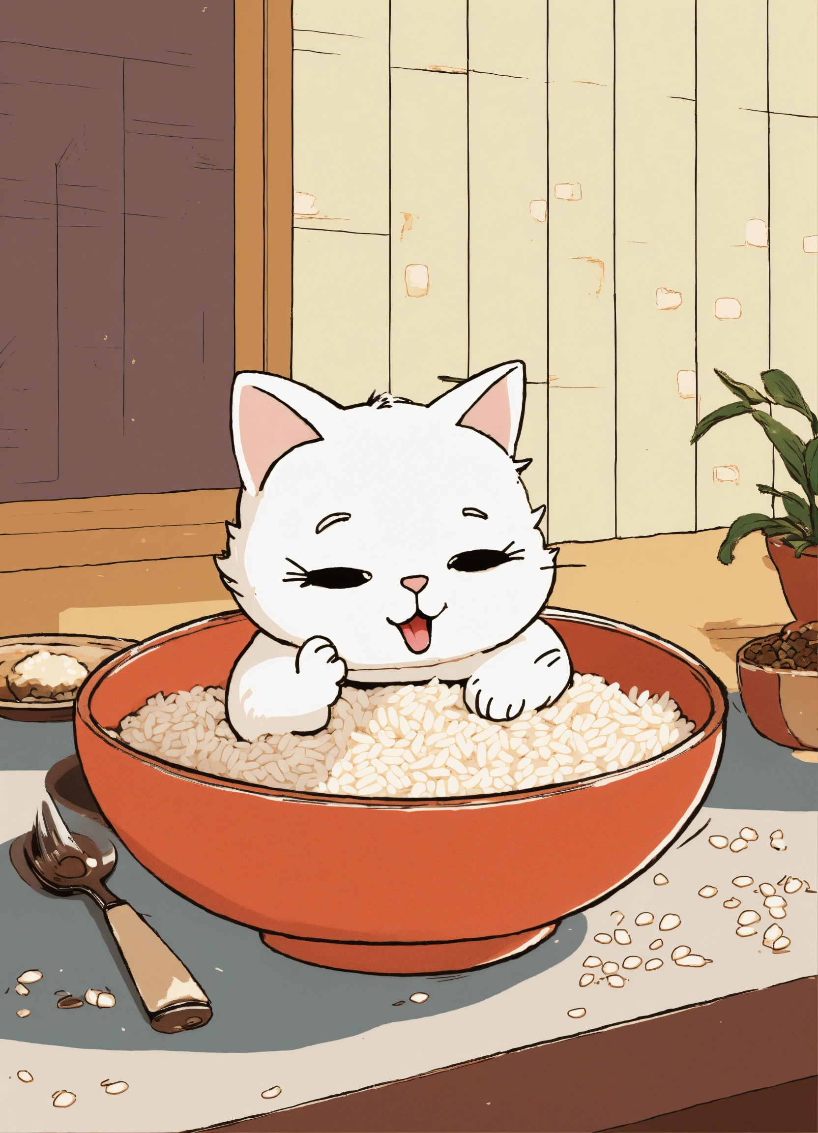 Lexica - A cute ADORABLE white LITTLE cat eating messy RICE BOWL ...