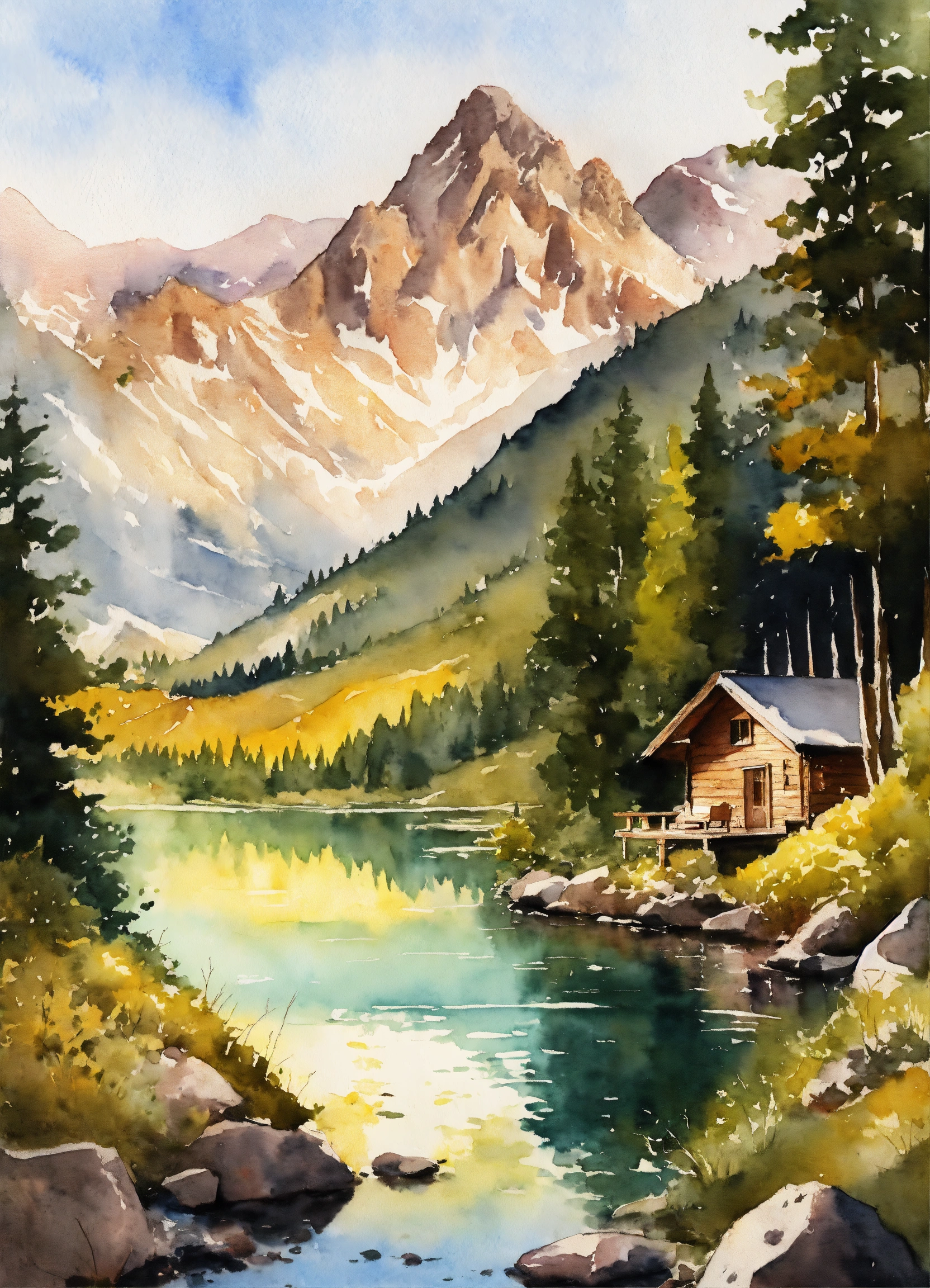 Lexica - A watercolor painting of a cabin in the mountains, a ...