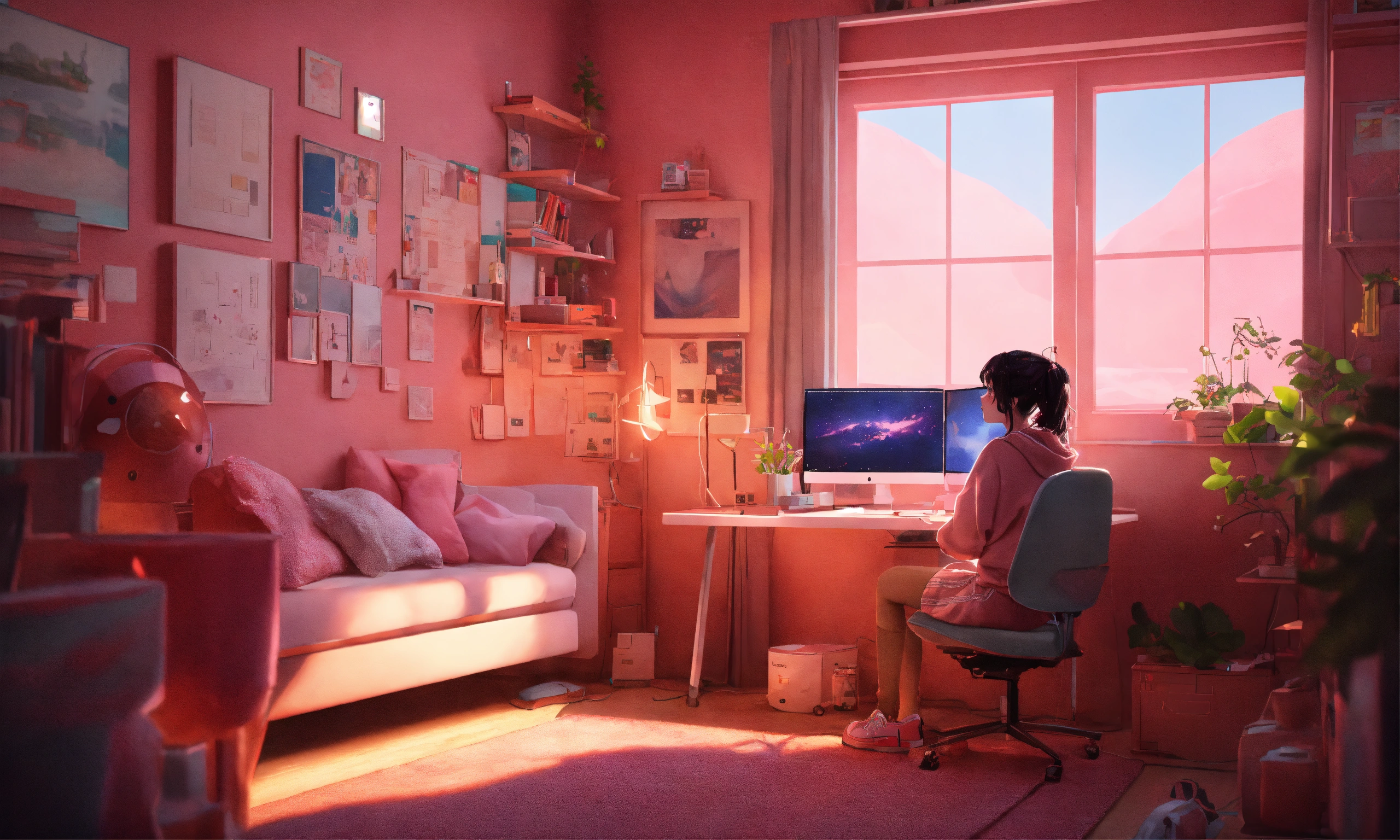 Lexica - Cute lofi girl in front of her computer in her cozy and messy ...