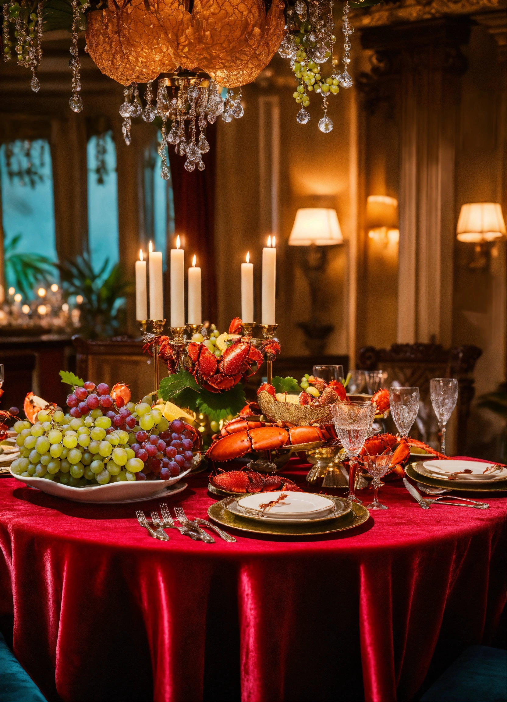 Lexica - A decadent table with grapes, lobster, food canopy, tropical ...