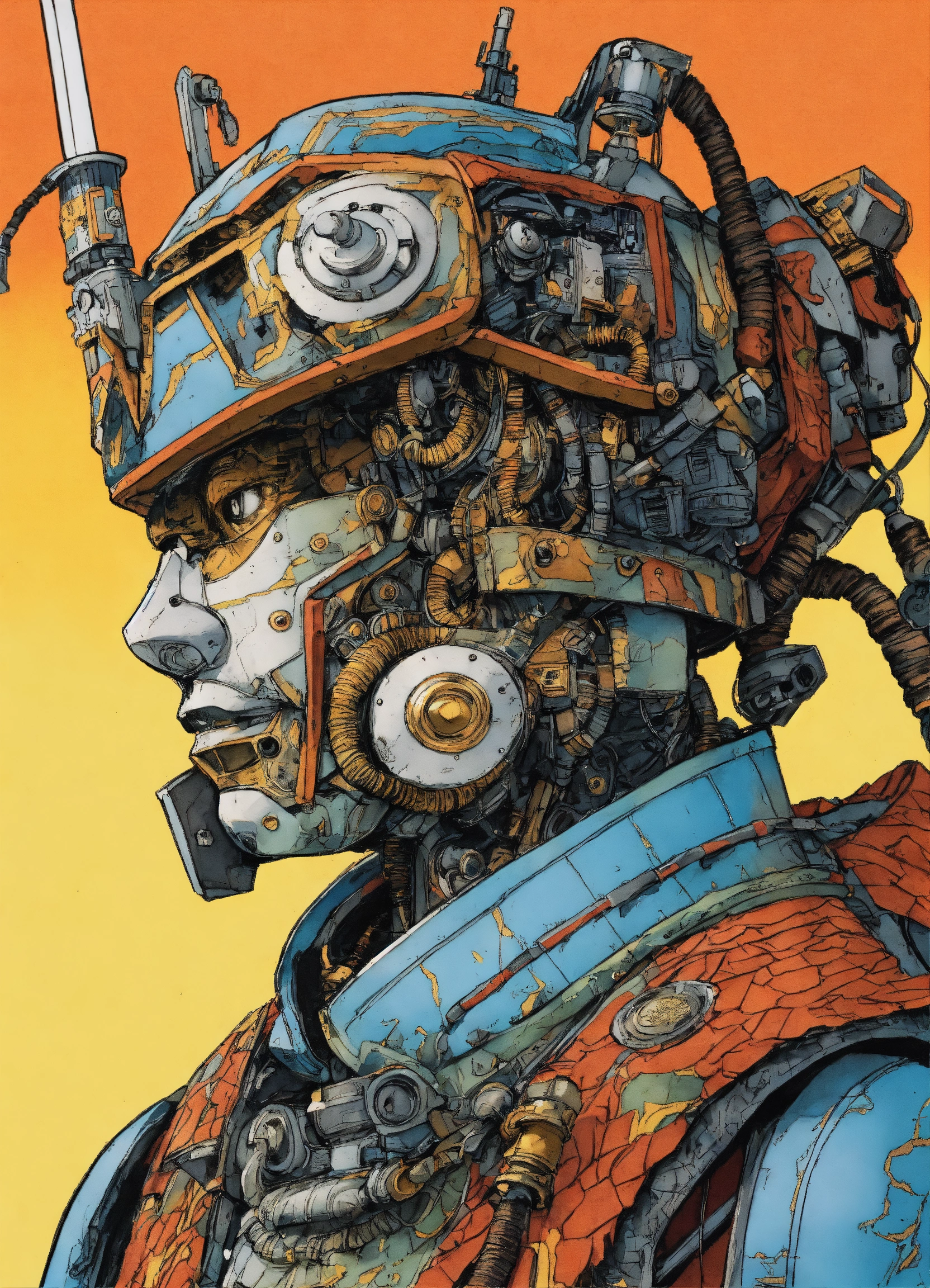 Lexica - Detailed pen and ink illustration of a samurai robot cyborg ...