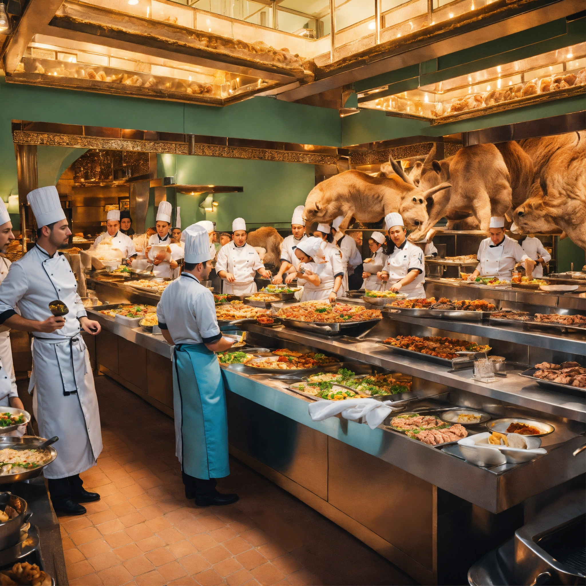 Lexica - Animal chefs at a buffet alter in a packed outside restaurant ...