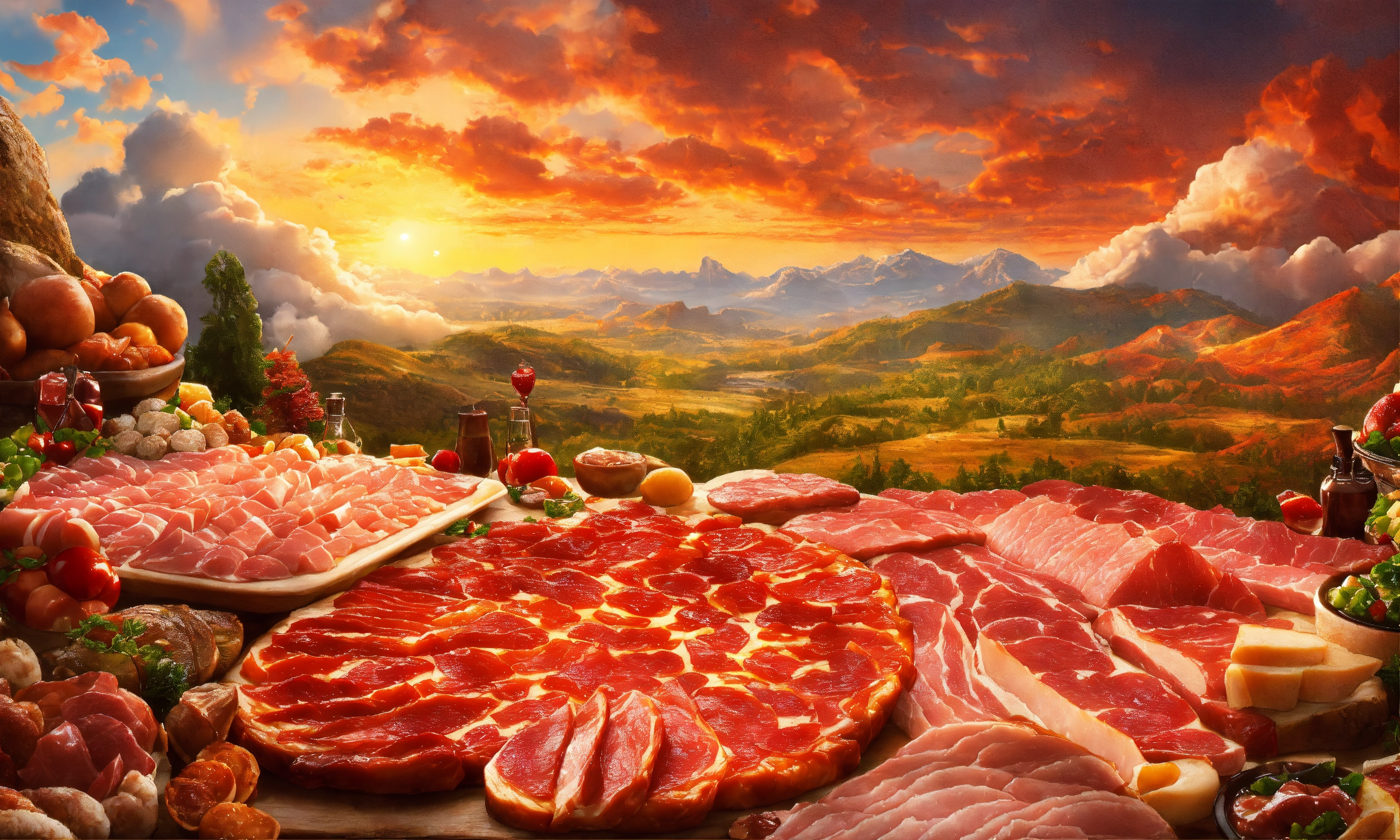 Lexica - A vast landscape made entirely of various meats spreads out ...