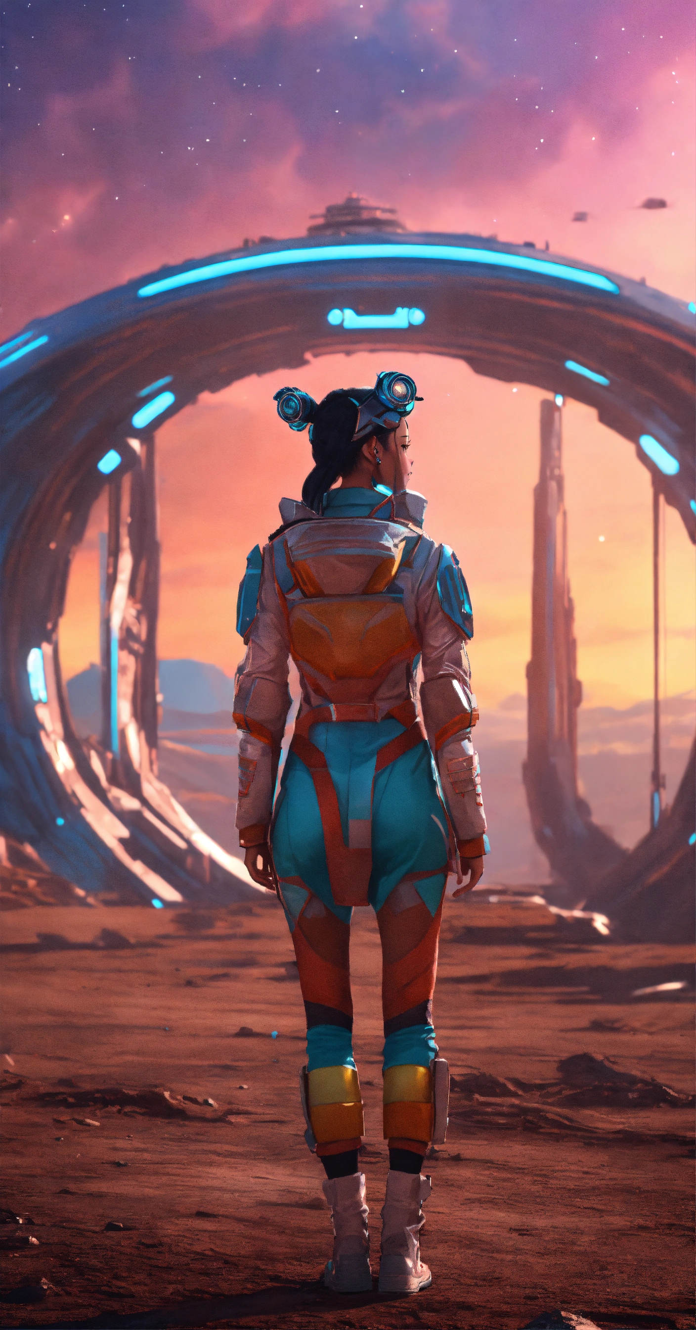 Lexica - Zoom out of a girl standing forward near a wreacked starship ...