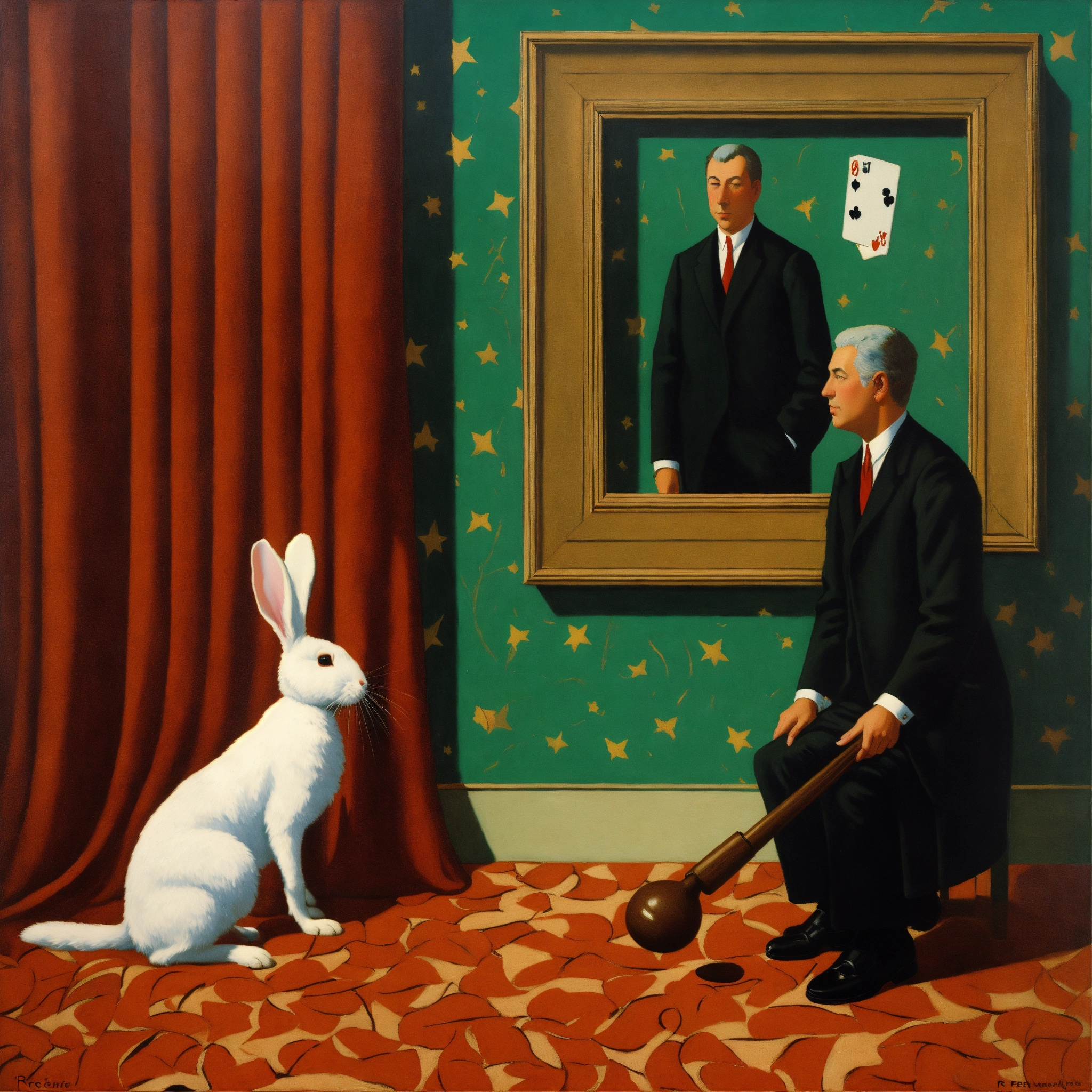 Lexica - Magician, painted by Rene Magritte with big magic rabbit
