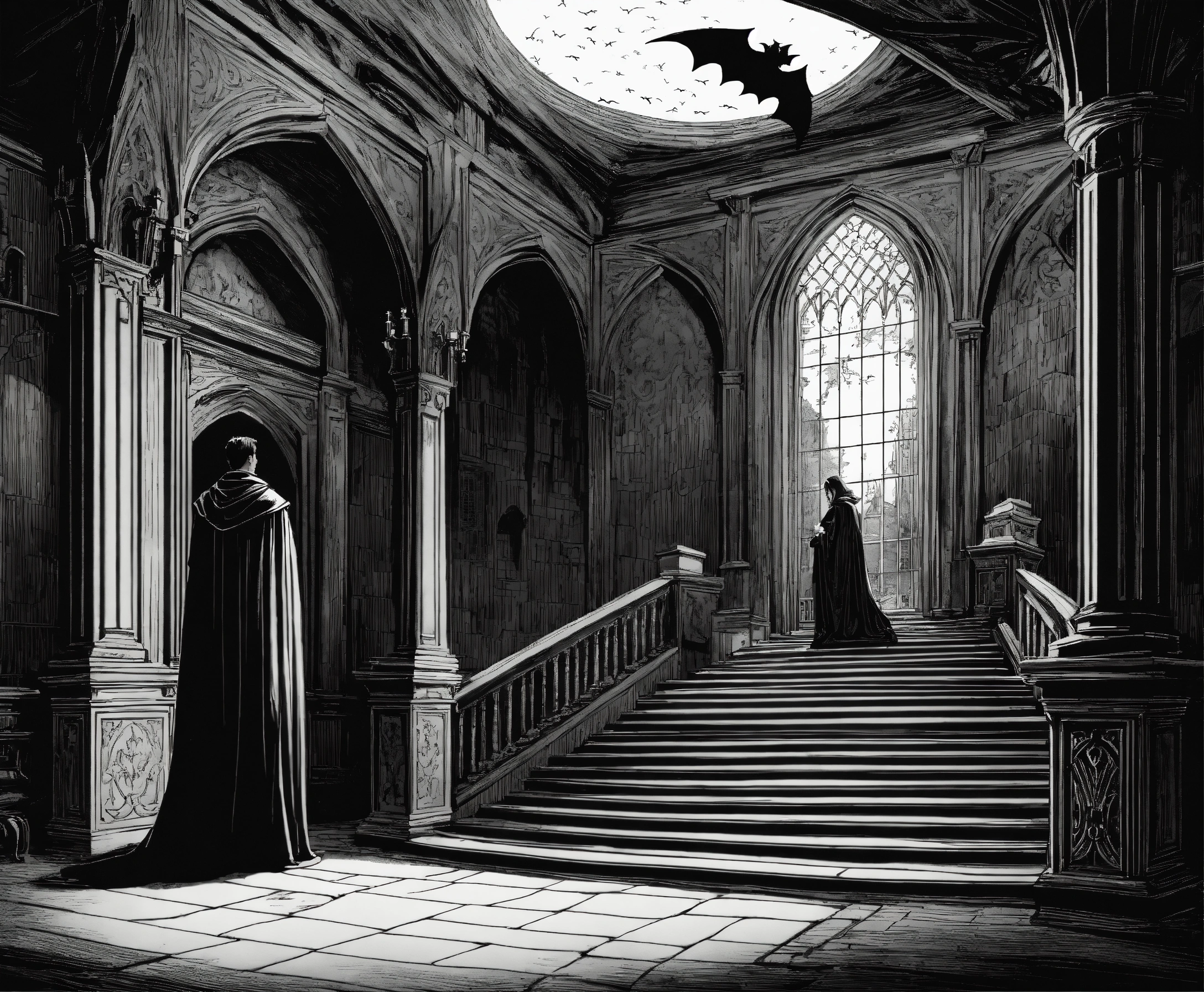 Lexica - Line art deep engraving; count Dracula in an old gothic castle ...