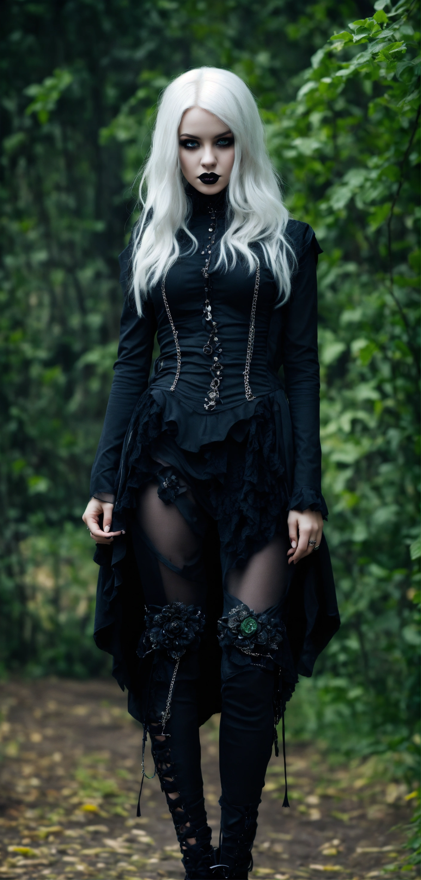 Lexica - Beautiful young girl, goth and dark fashion, white hair, green ...