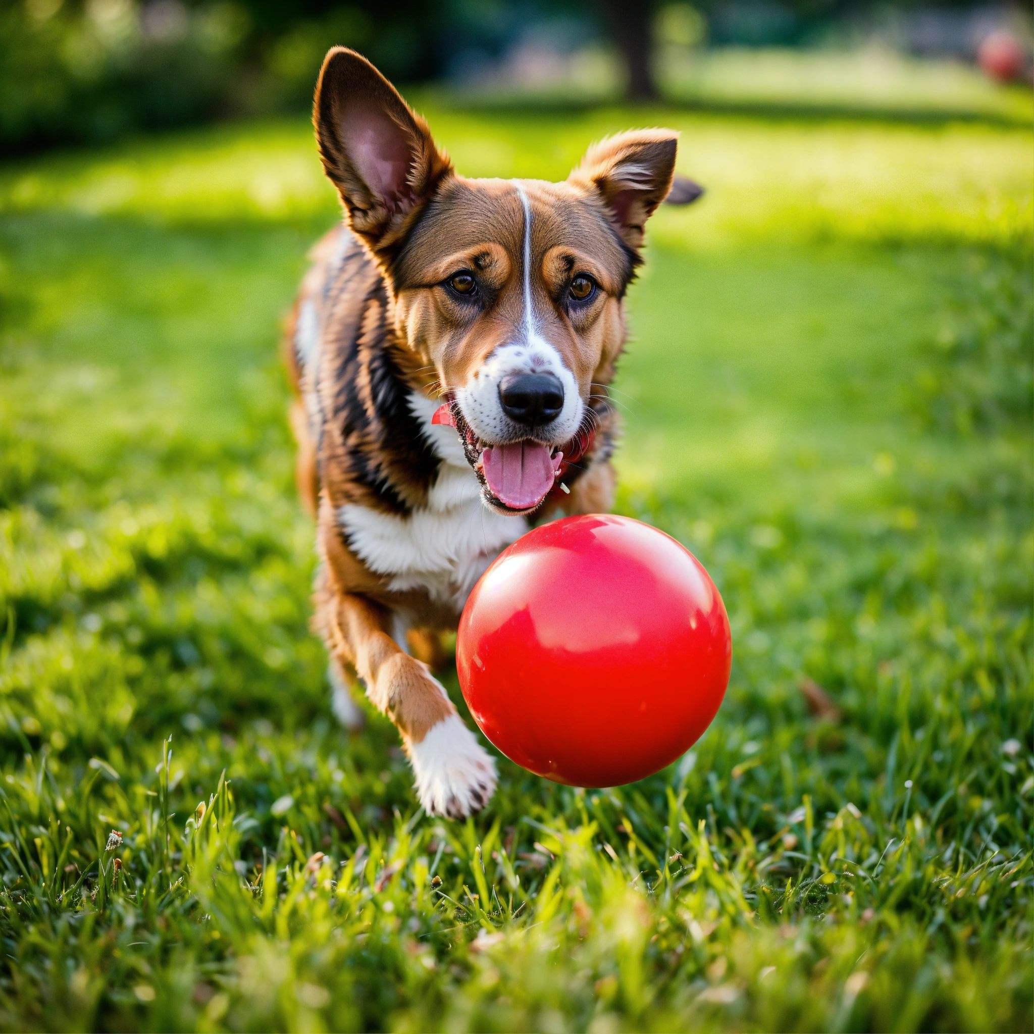 Lexica - A photo of a dog playing with a red ball. The dog is happy and ...