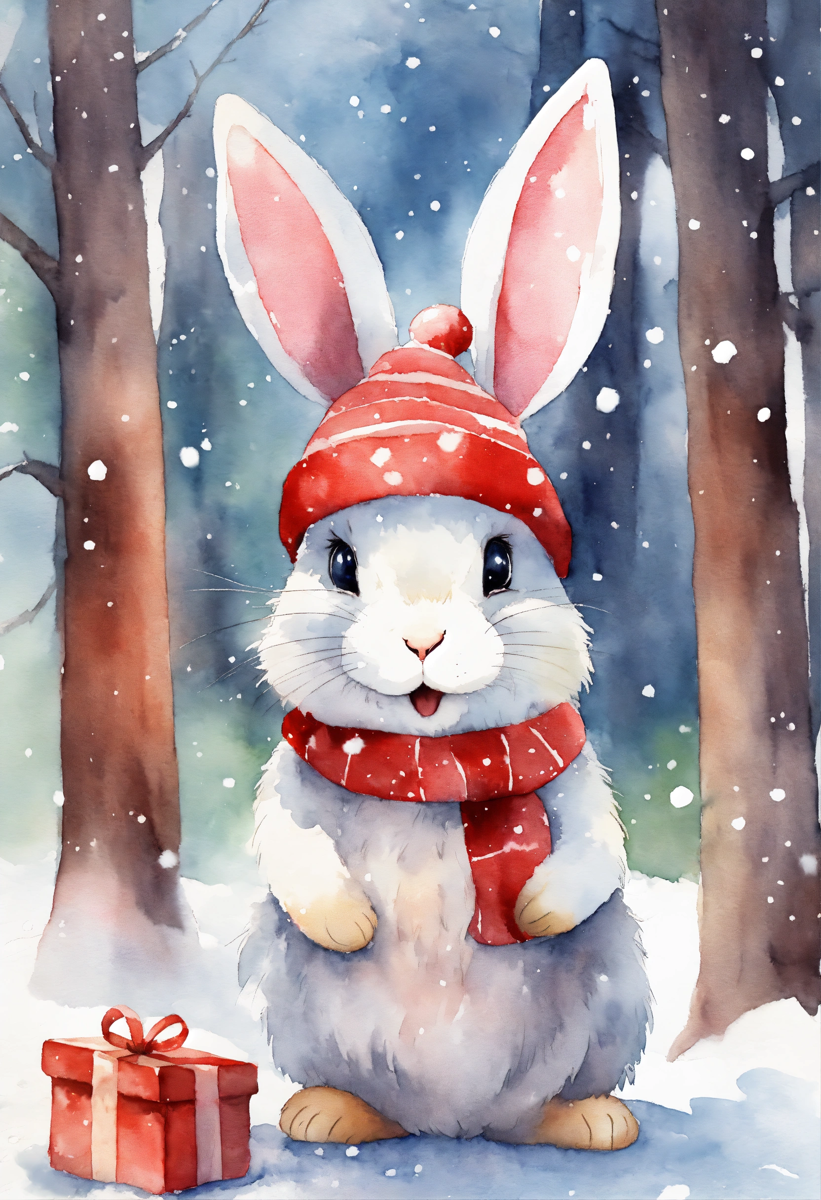 Lexica - A cute happy rabbit in forest with Christmas hat , presents ...