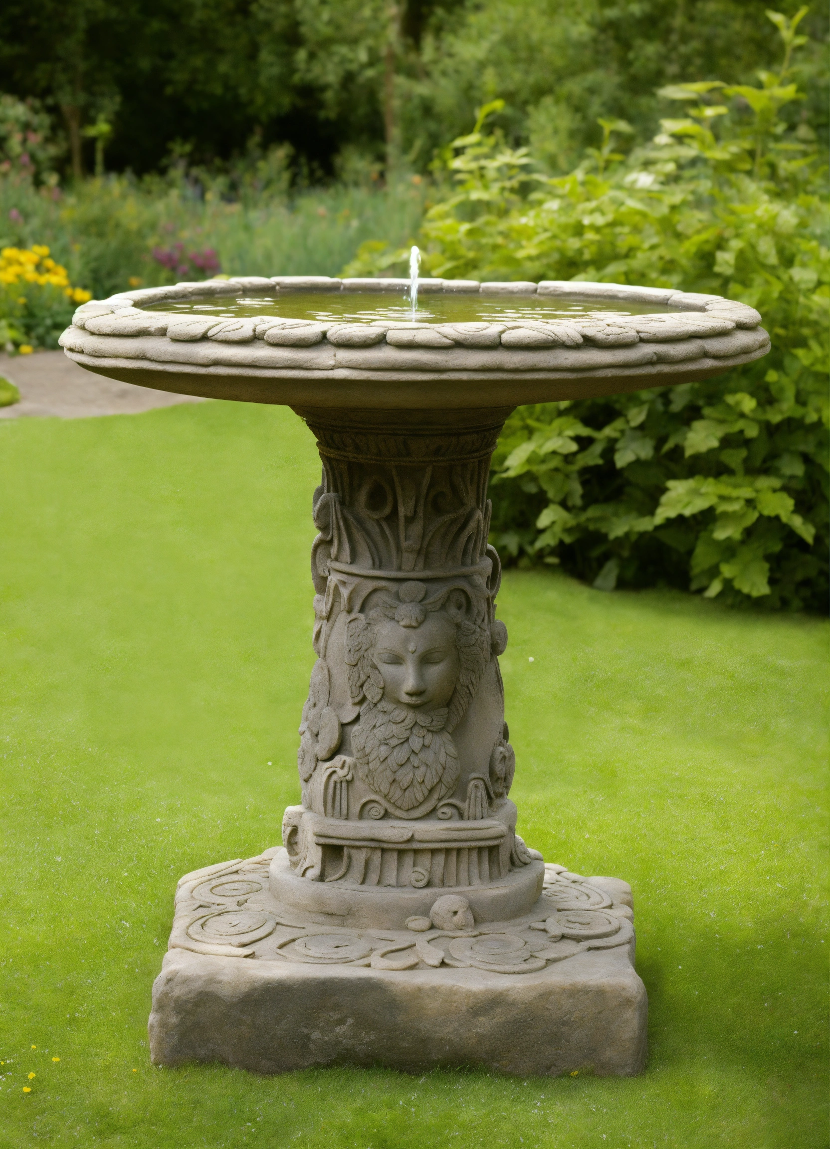 Lexica An ancient stone bird bath garden ornament style of alex grey.