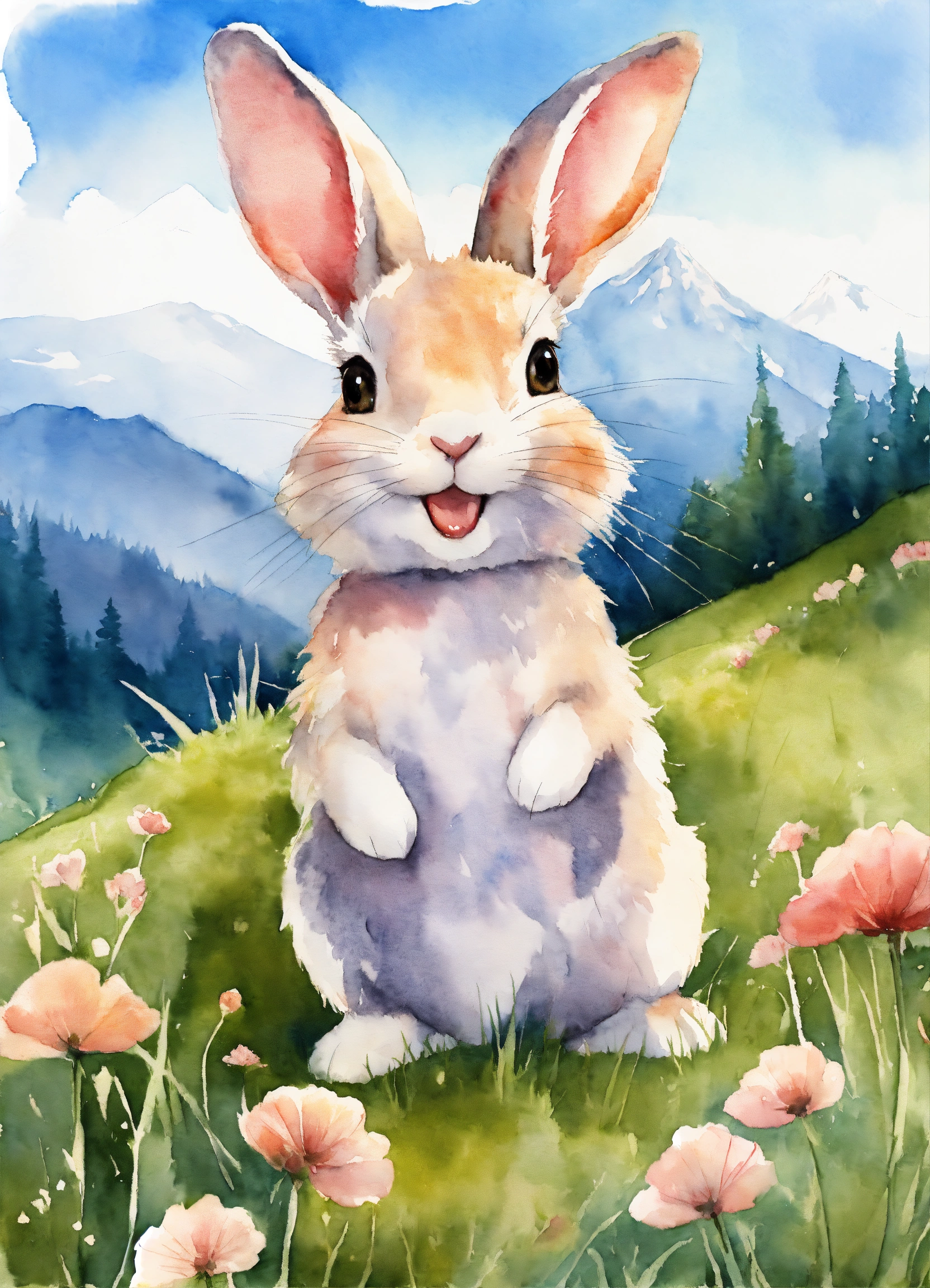 Lexica - A cute happy rabbit in meadow ,mountain around, watercolor style