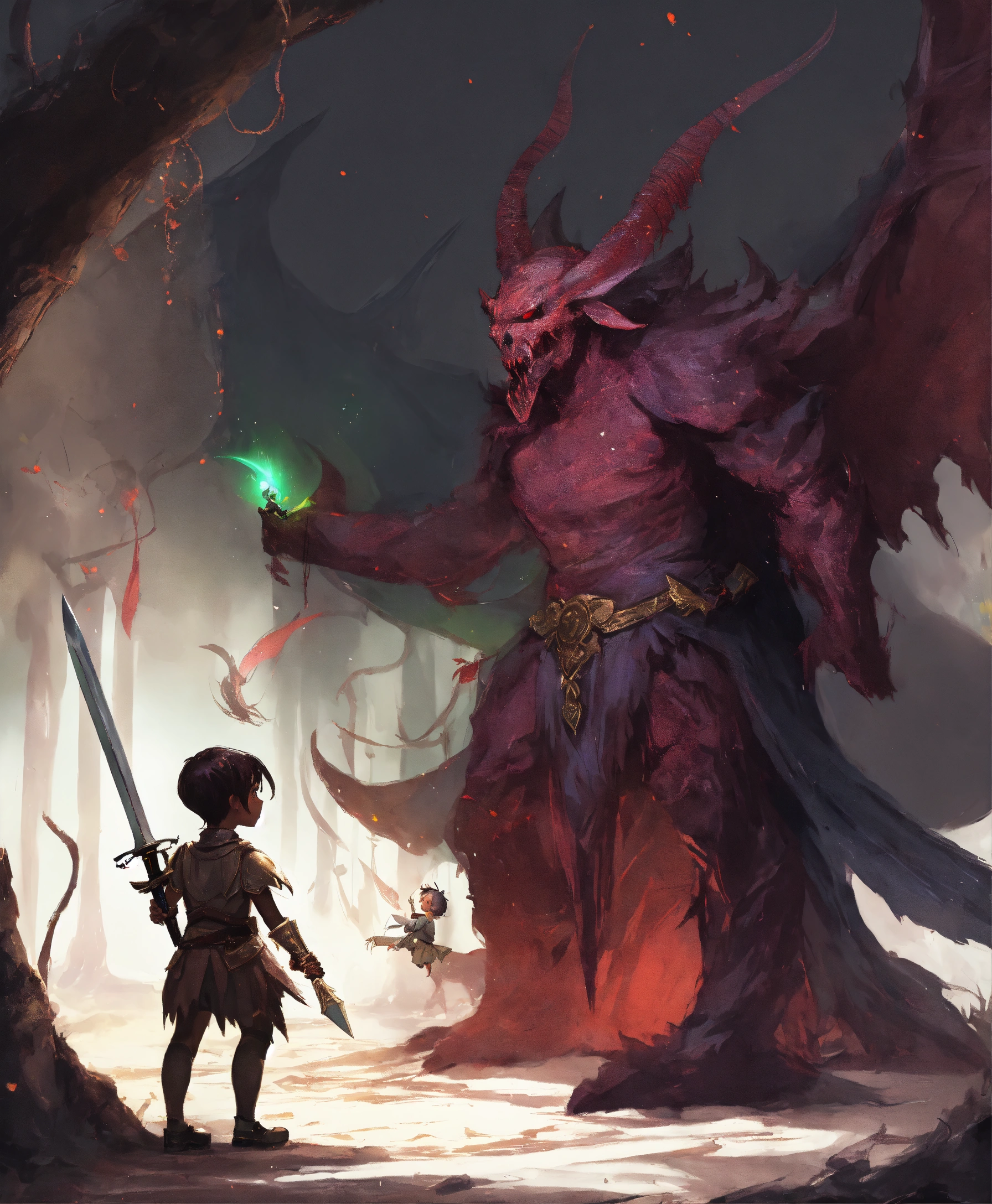 Lexica - A small pixie confronting a dark demon with a magic sword.