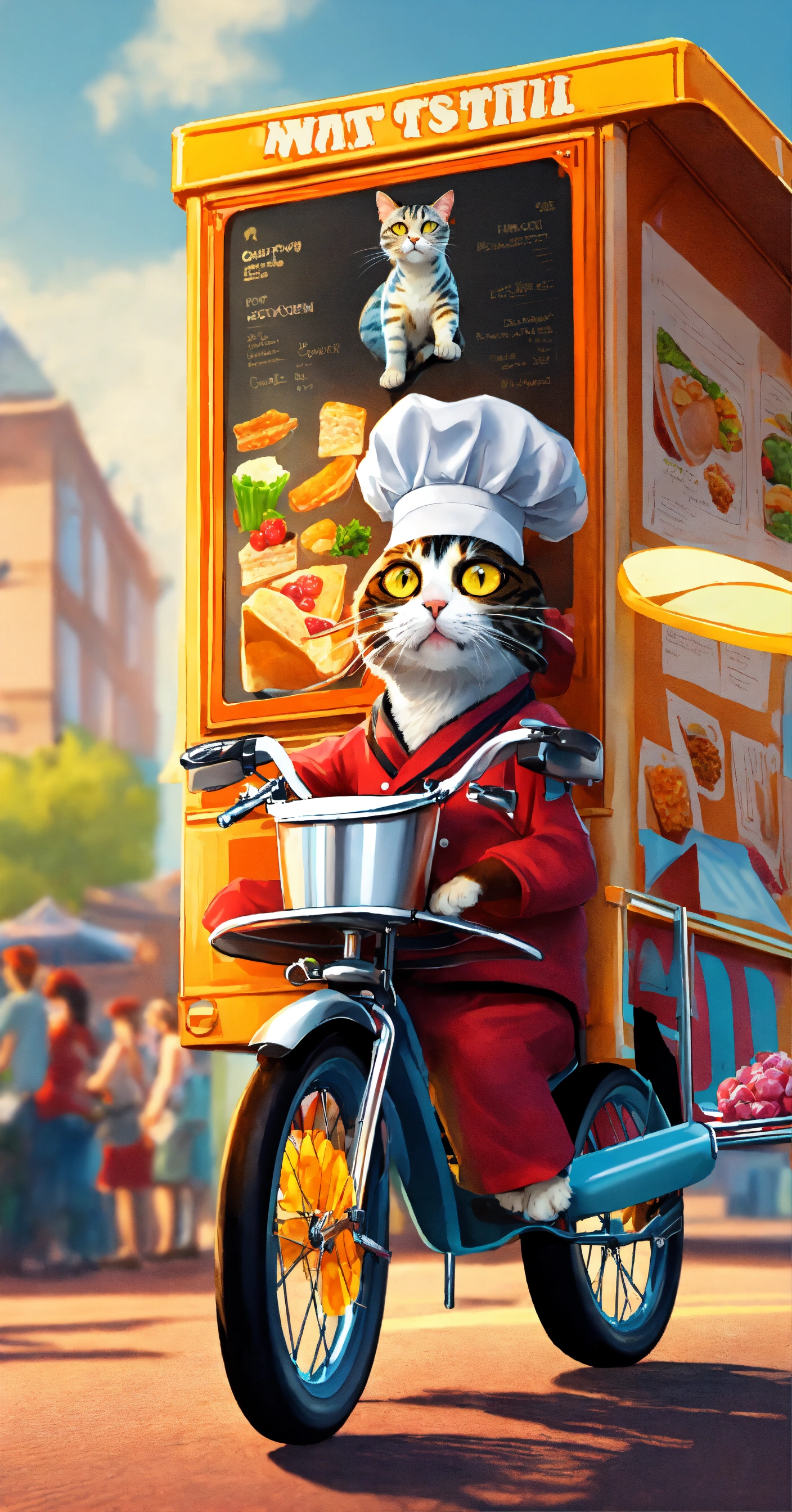 Lexica - Create a picture of a cat riding a bike as a chef in a food ...