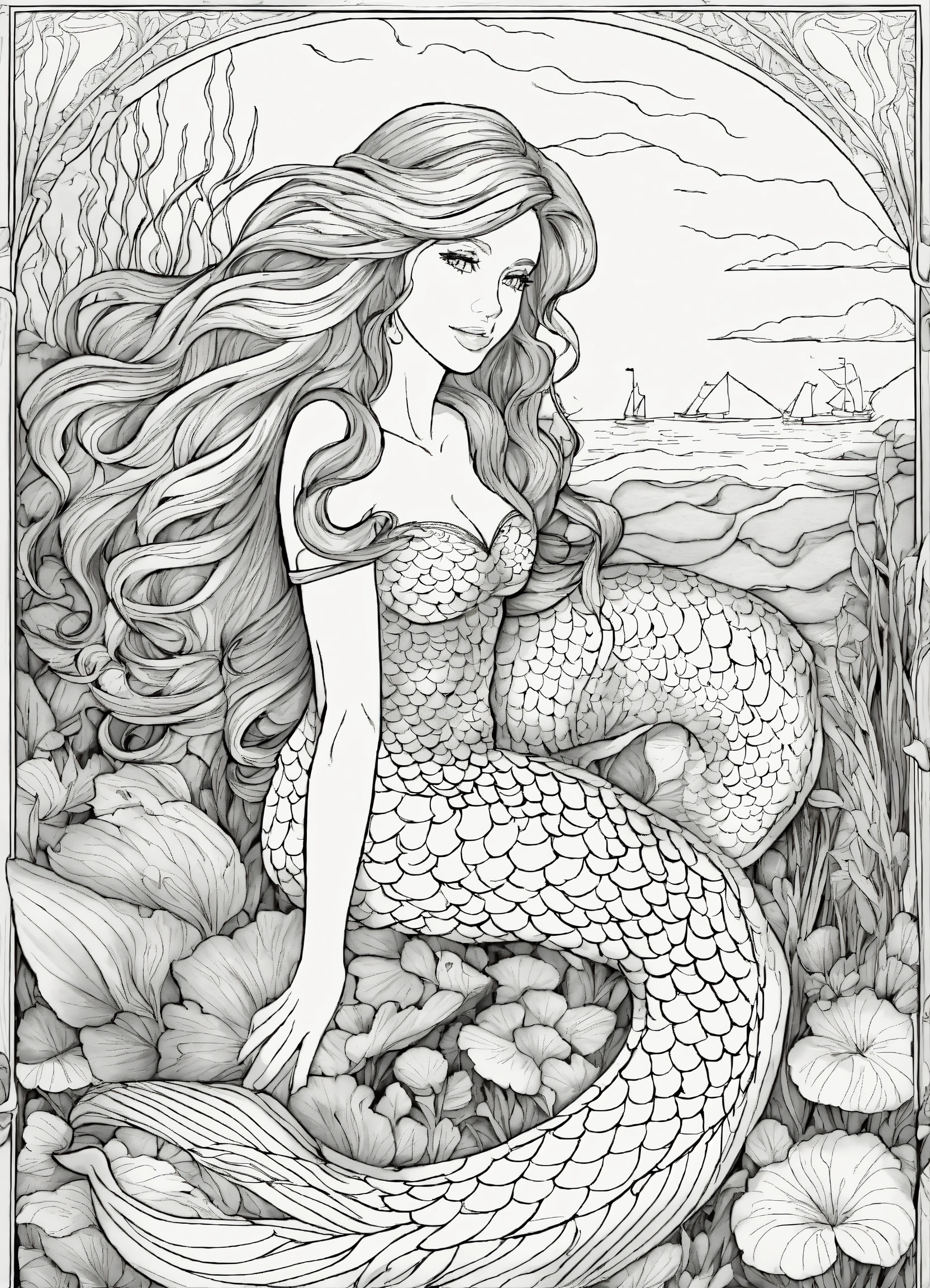 Lexica - Create an intricate and captivating uncolored mermaid ...
