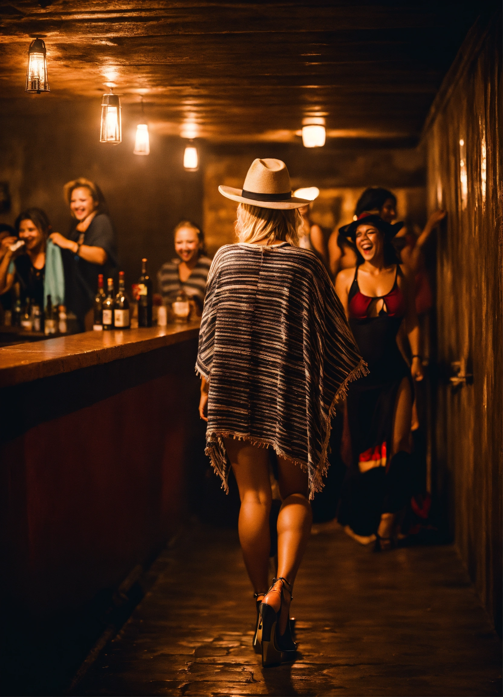 Lexica - Rear back shot, dark mexican night bar in the basement, full of  people, young white blond crying woman, going in only striped poncho and  swi...