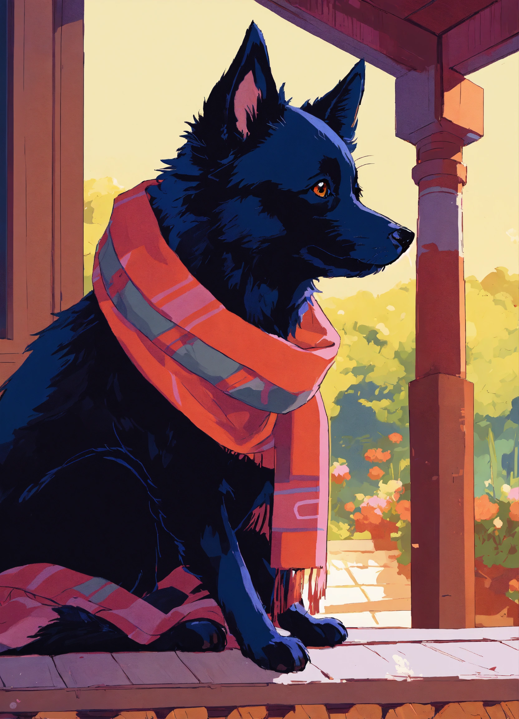 Lexica - Digital art of a schipperke on a porch, wearing a scarf around ...